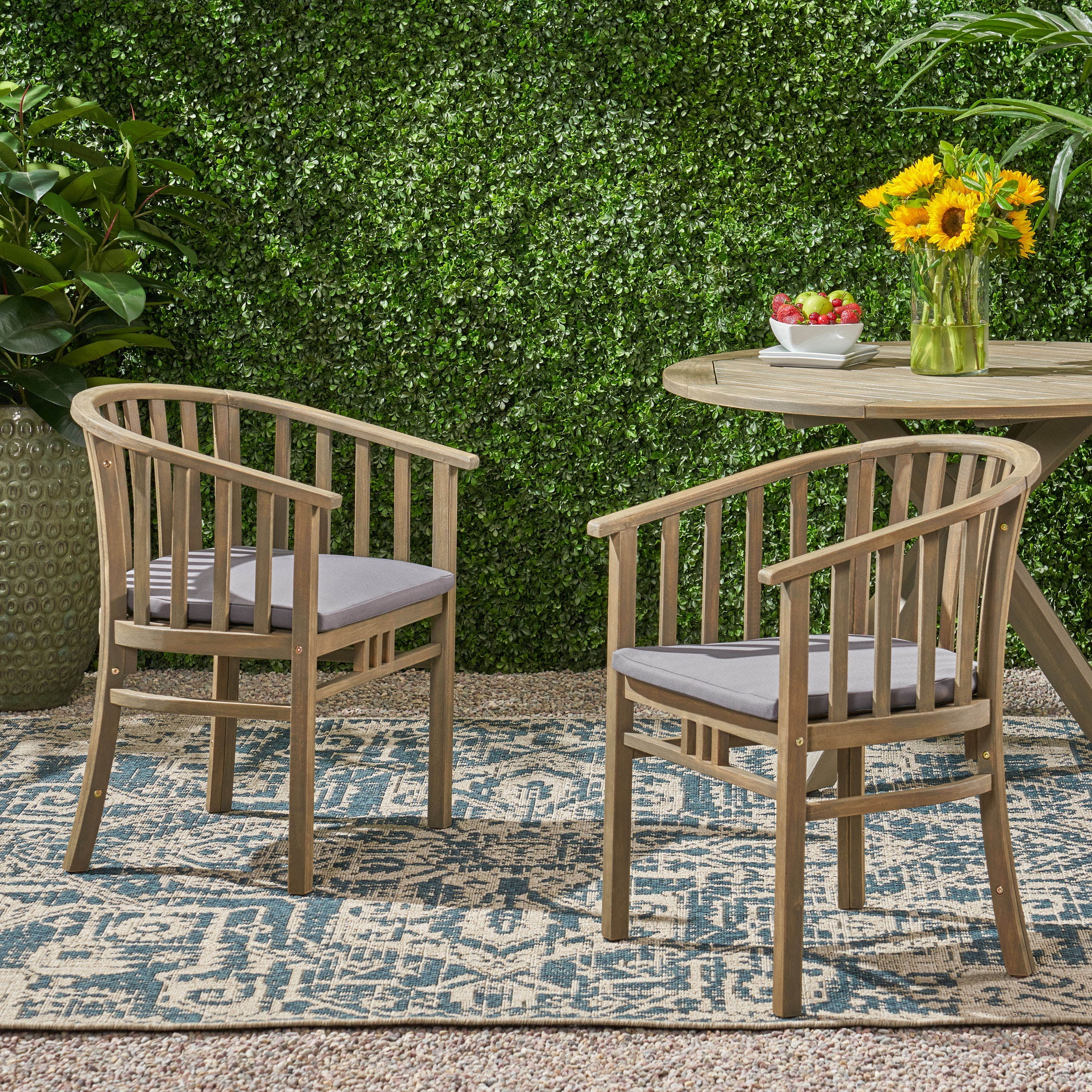 Ayan Outdoor Wooden Dining Chairs, Set of 2) with Cushions, Set of 2, Dark Gray and Gray Finish