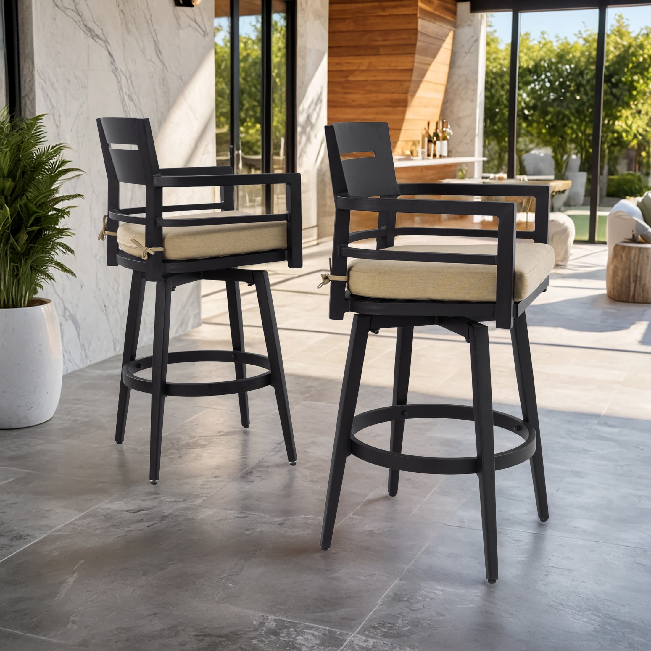 Noble House Aluminum 360° Swivel Bar Chairs, Ergonomic Backrest, Sunbrella Linen Sesame, Ember Black, Set of 2