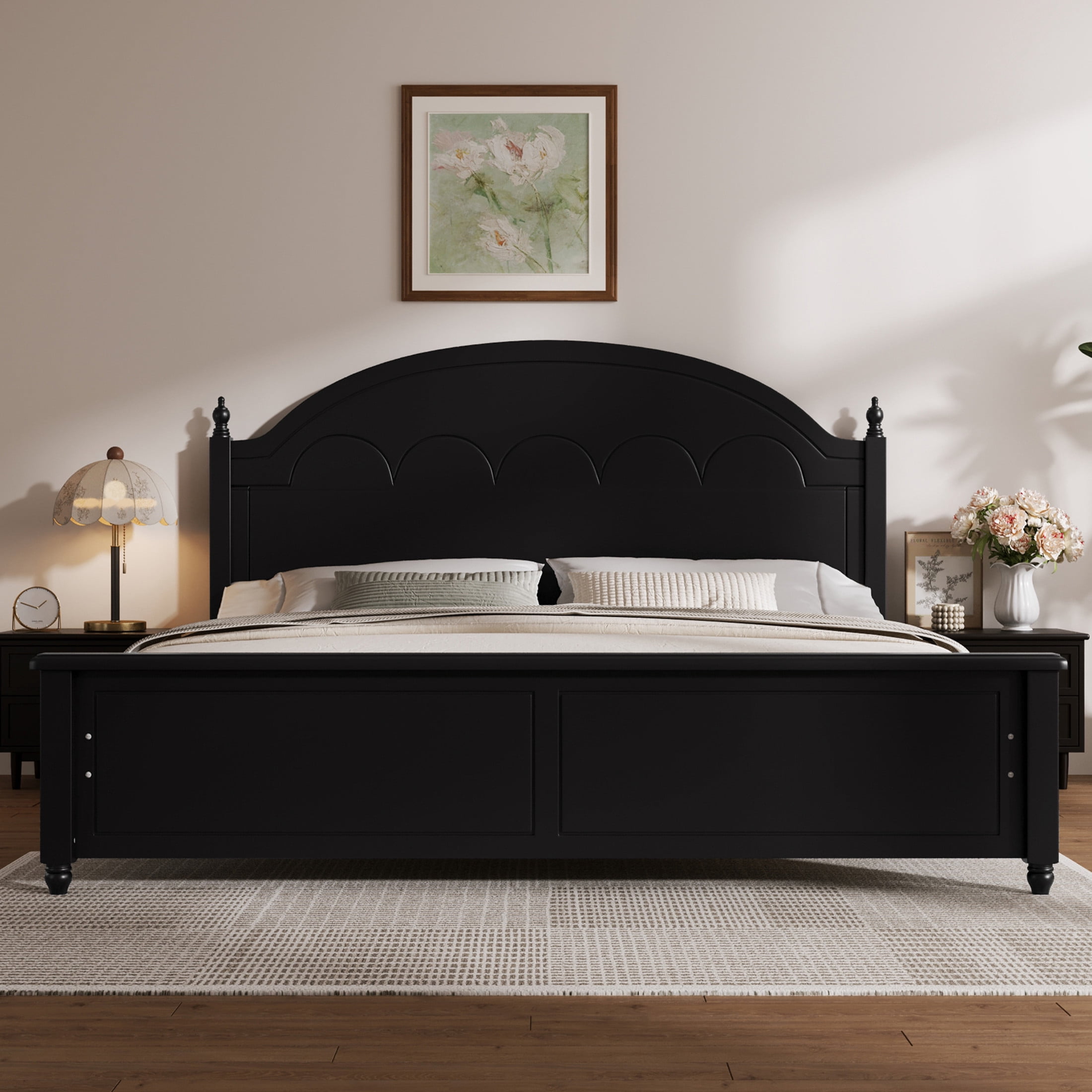Noble House Alver Queen Size Wooden Bed Frame with Classic Arched Headboard, Modern Timeless Design, Black