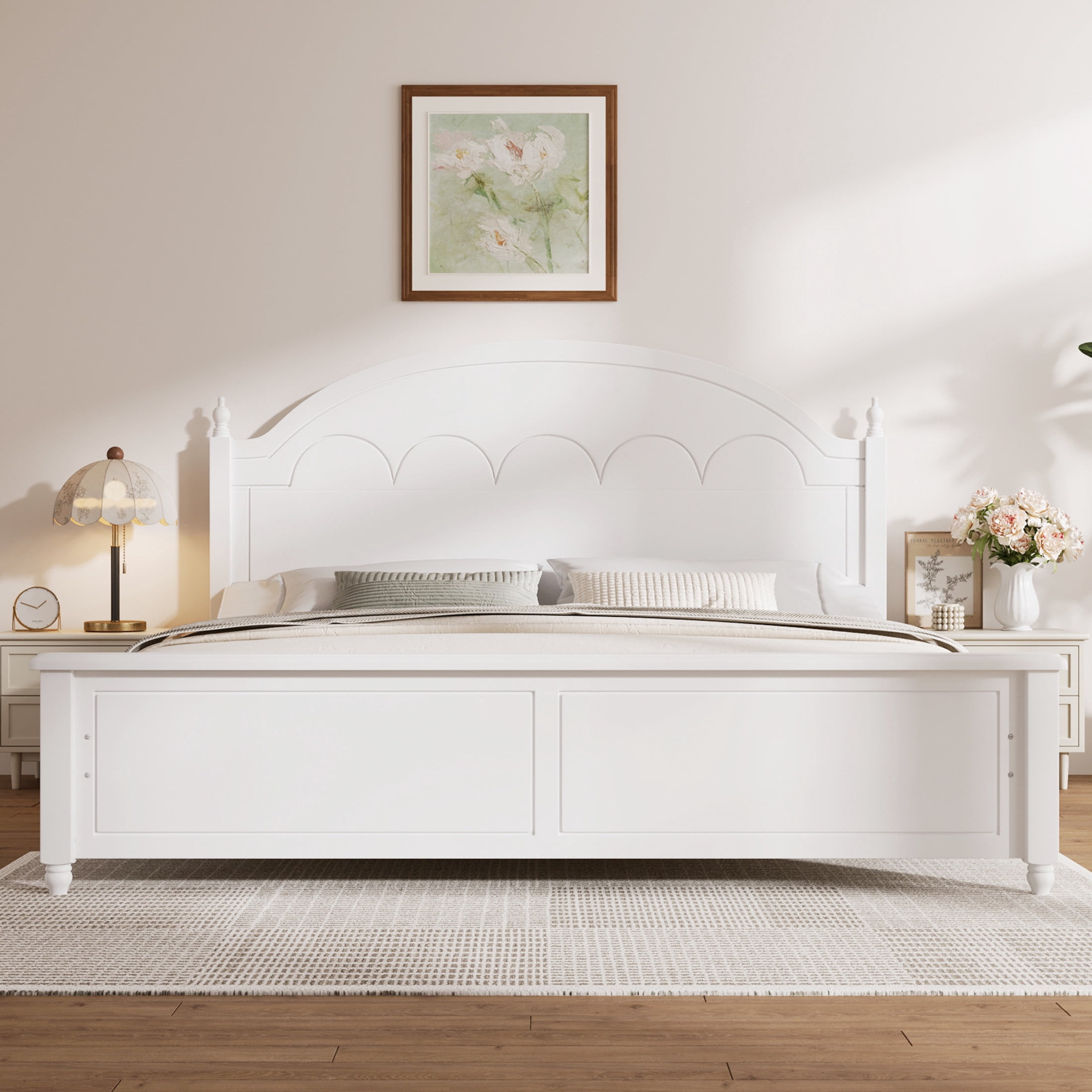 Noble House Alver Queen Size Wooden Bed Frame with Classic Arched Headboard, Modern Timeless Design, White