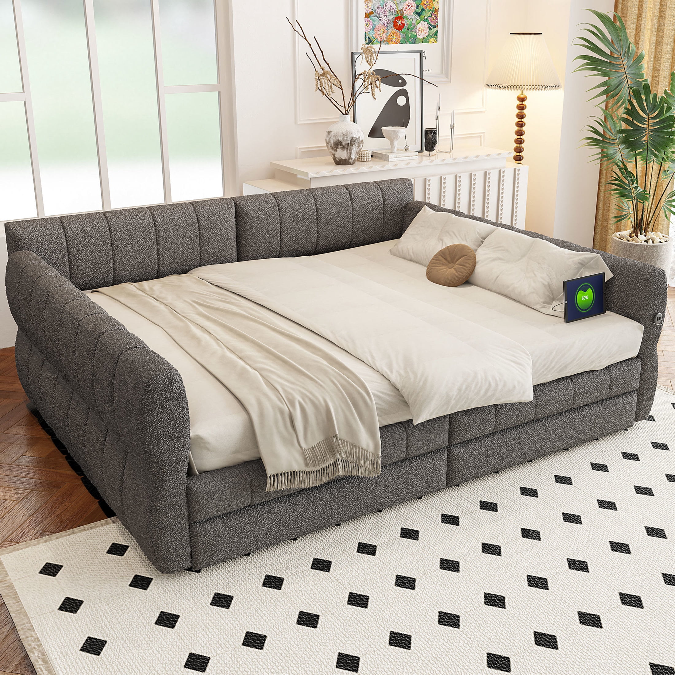 Noble House Alver Queen Upholstered Platform Bed, Luxurious Lambswool Frame with USB Ports and 2 Drawers, Gray