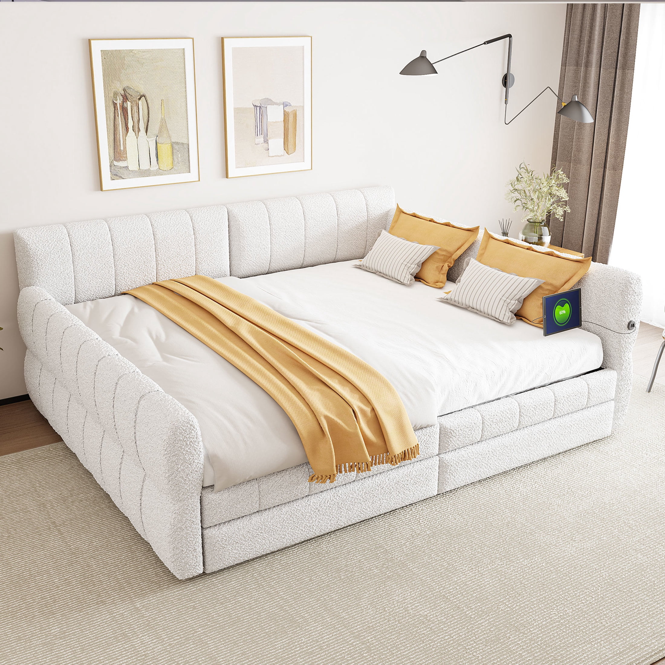 Noble House Alver Queen Upholstered Platform Bed, Luxurious Lambswool Frame with USB Ports and 2 Drawers, White