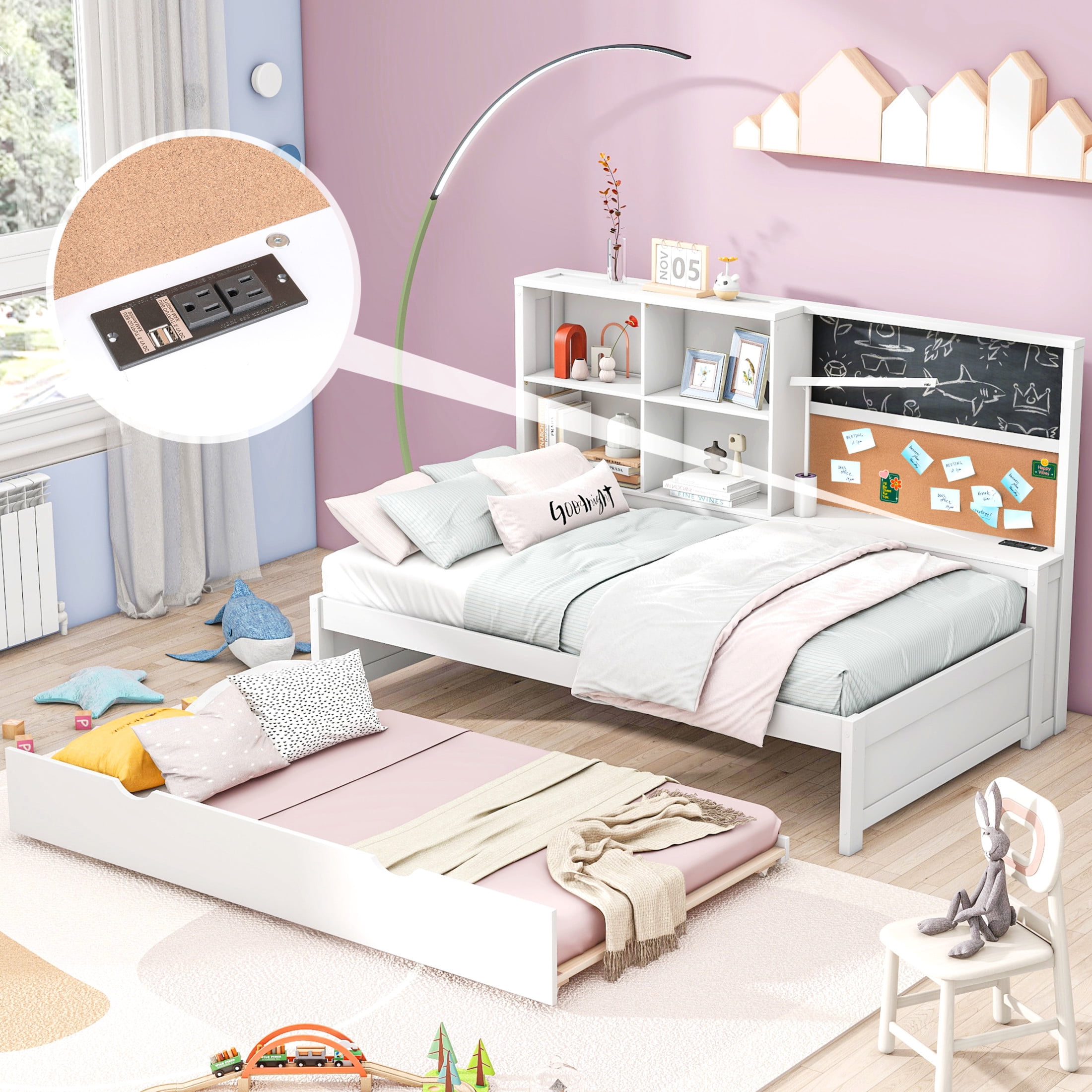 Noble House Alver Twin Daybed with Storage Shelves, Blackboard and Cork Board, USB Ports, Twin Trundle, White
