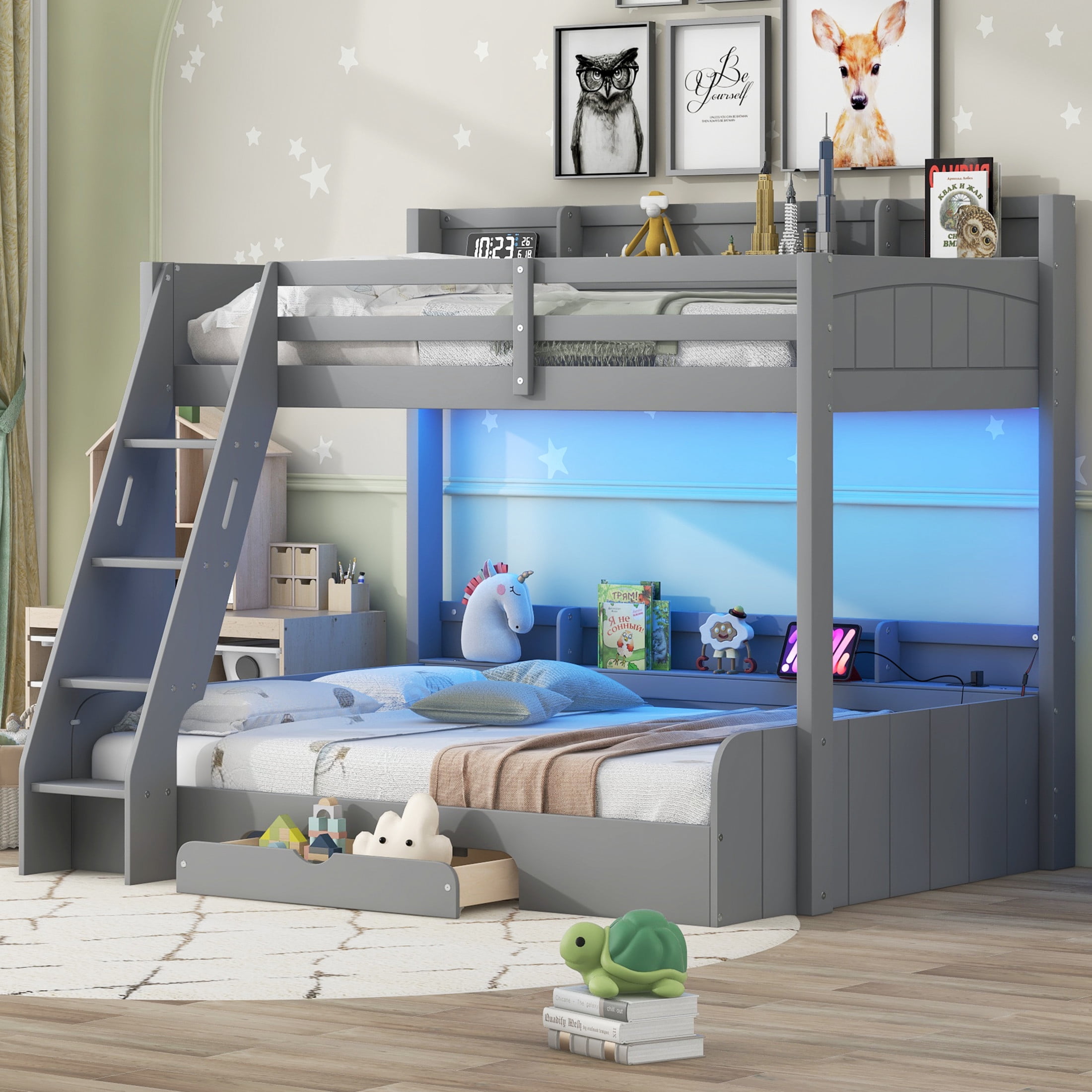 Noble House Alver Twin over Full Bunk Bed with Charging Station, LED Lighting, and Storage Shelves, Space Saving, Gray