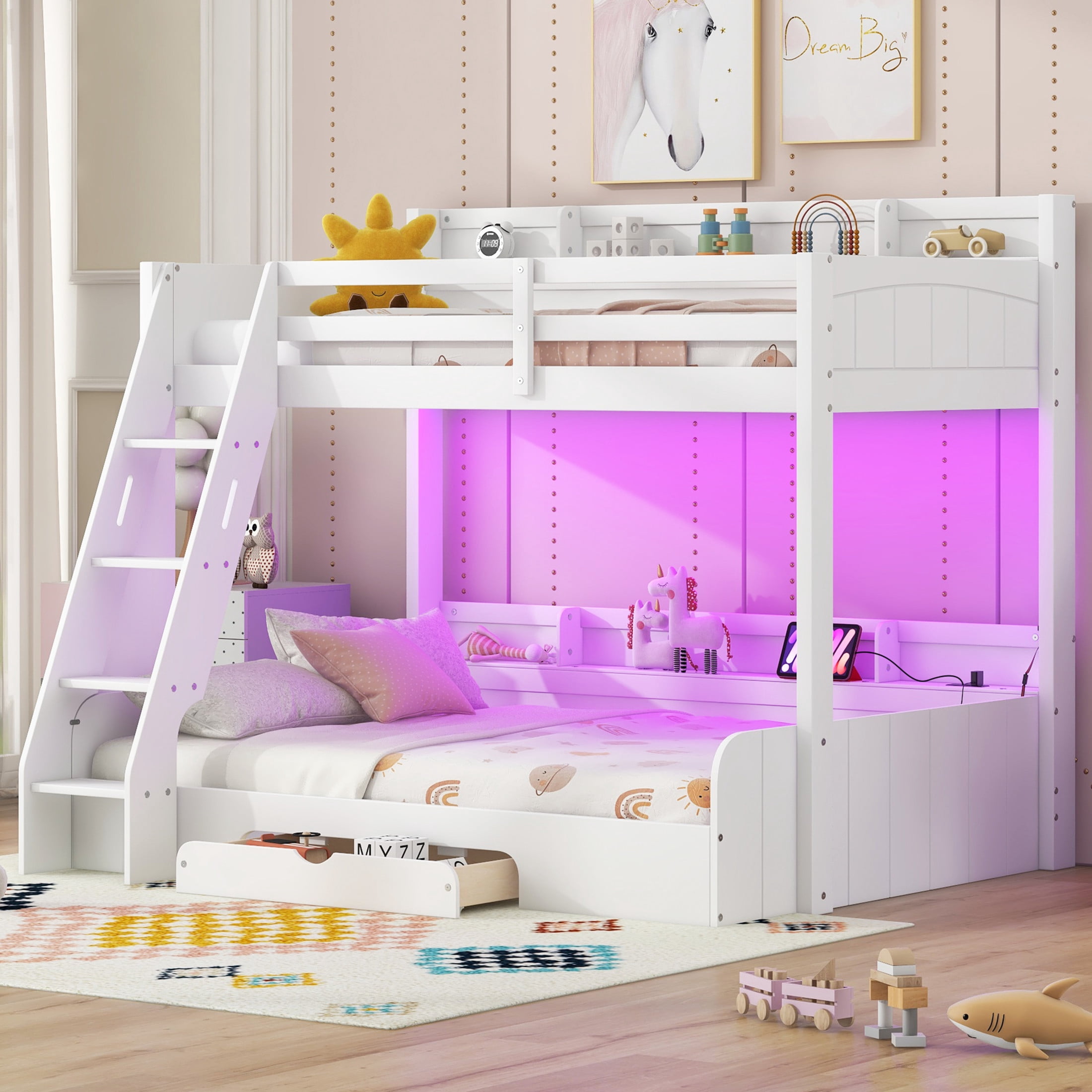 Noble House Alver Twin over Full Bunk Bed with Charging Station, LED Lighting, and Storage Shelves, Space Saving, White