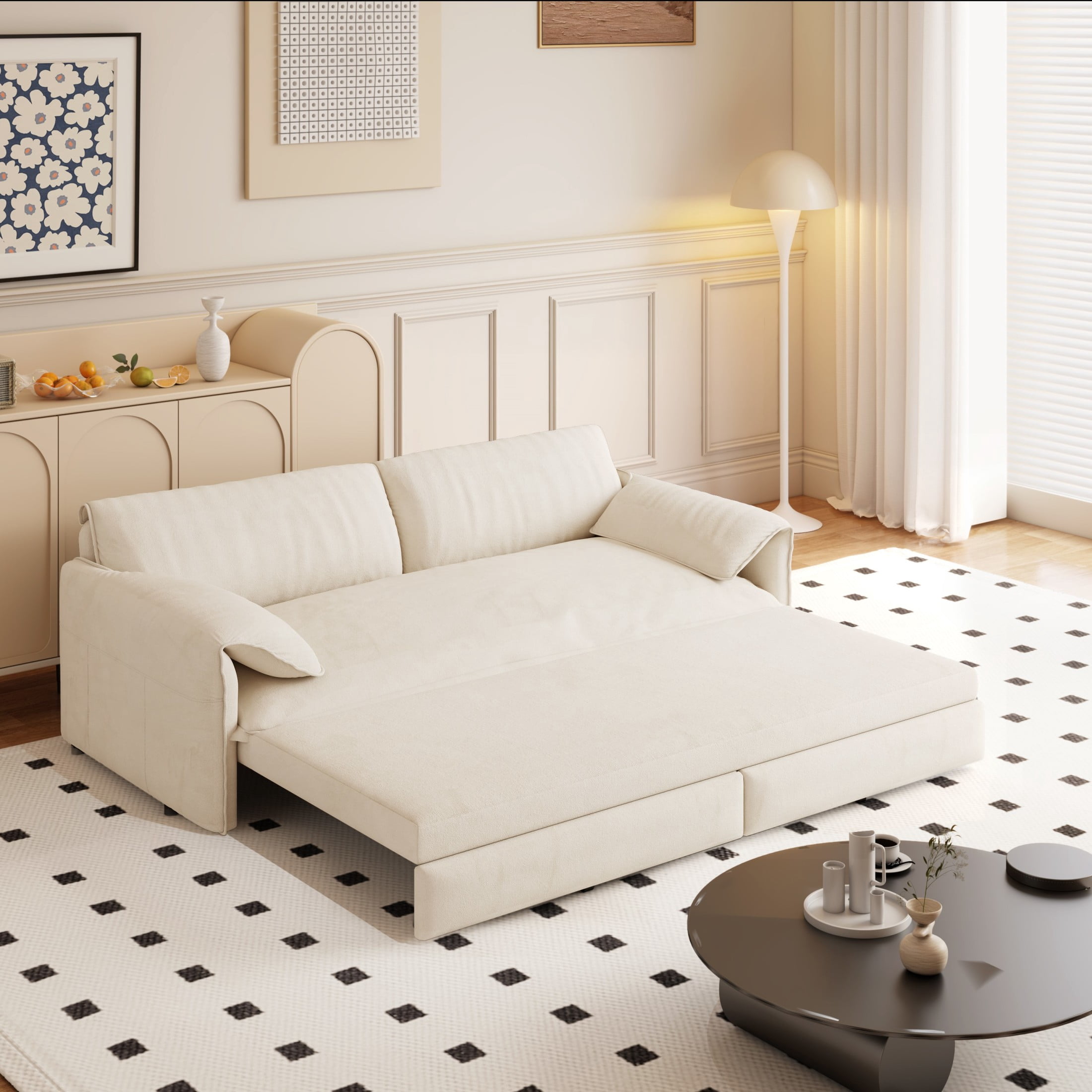 Noble House Alver Velvet Pull Out Loveseat Sofa Bed, 3-in-1 Convertible Queen Sleeper with Side Pocket, Beige White