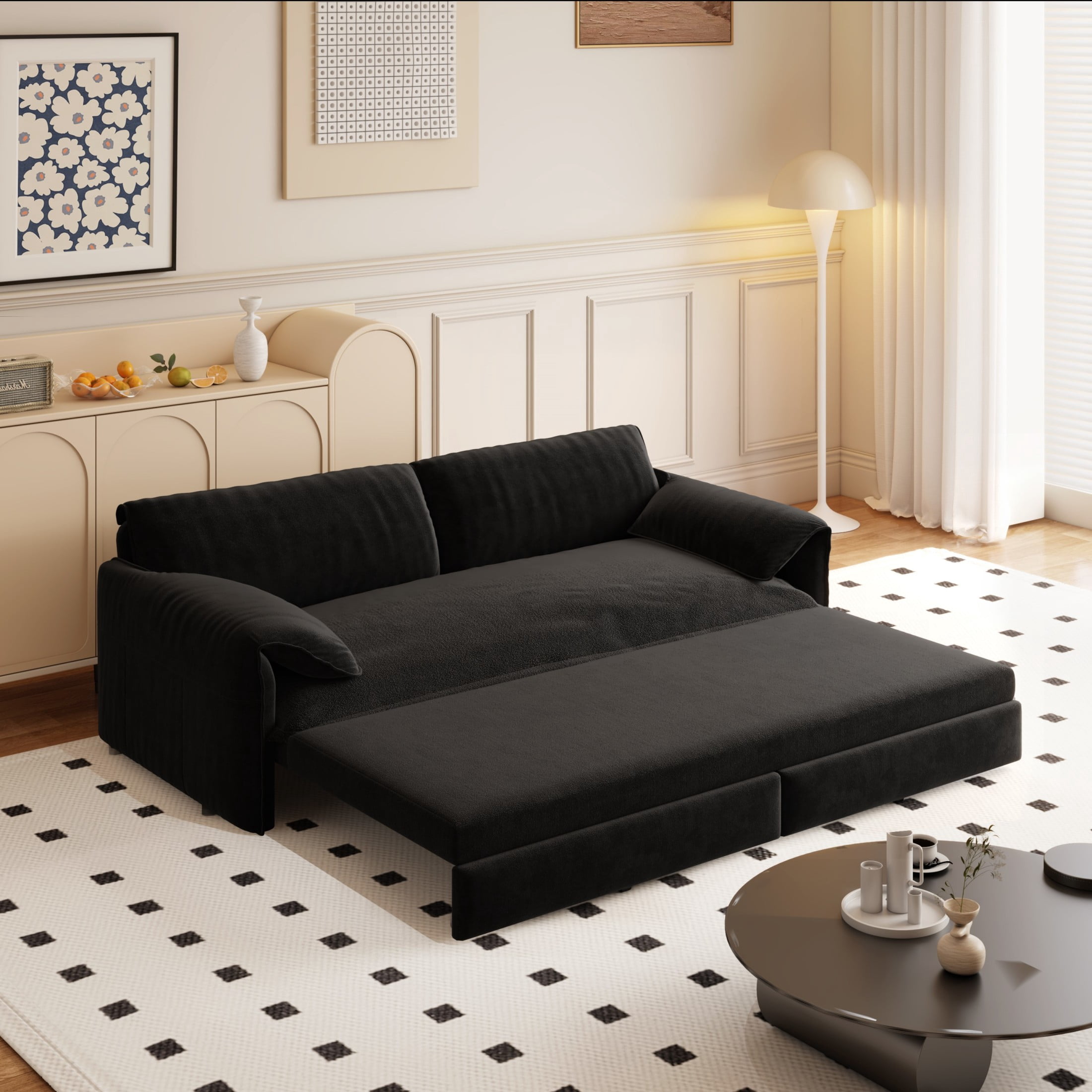 Noble House Alver Velvet Pull Out Loveseat Sofa Bed, 3-in-1 Convertible Queen Sleeper with Side Pocket, Black
