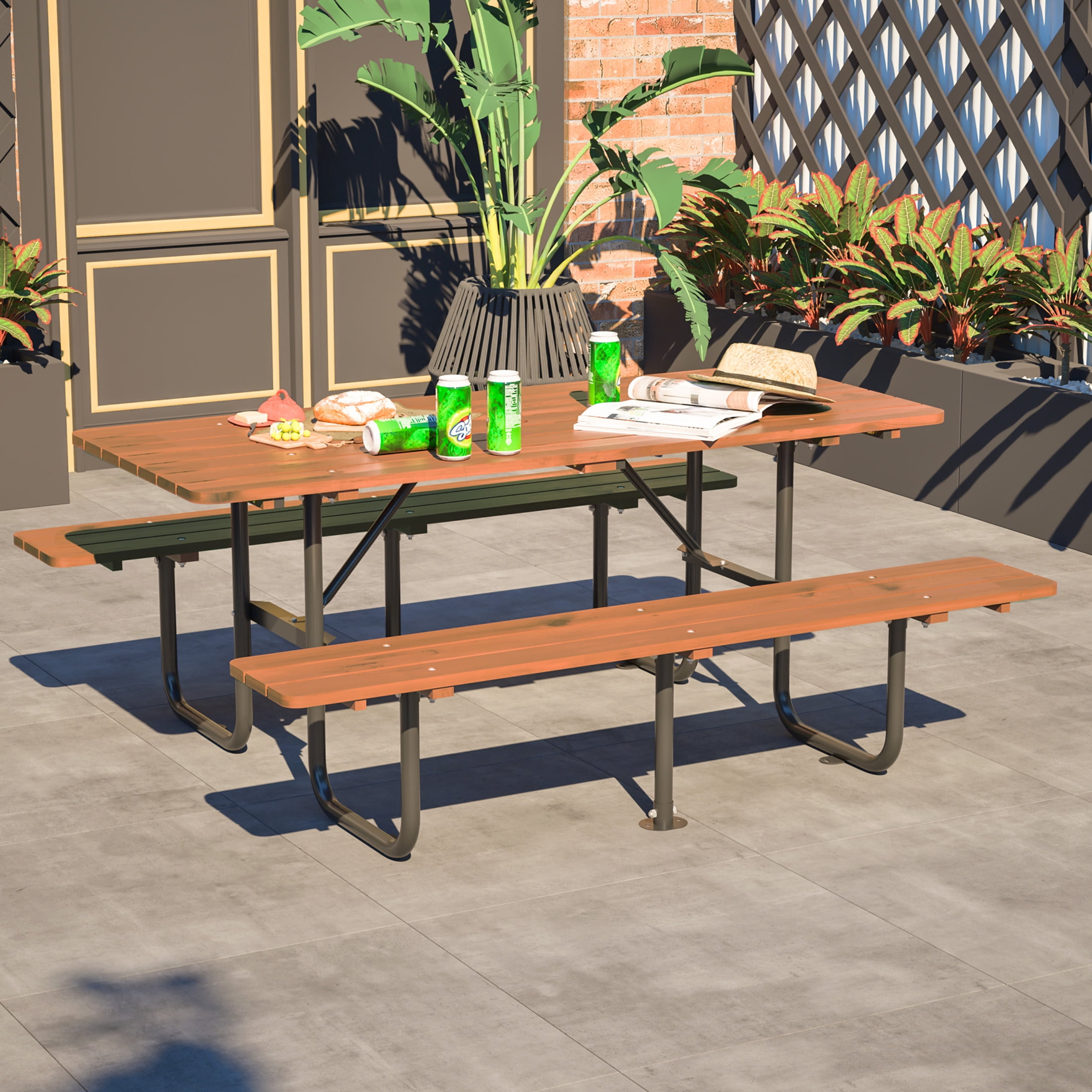 Noble House Alvion Rectangular Outdoor Picnic Set, Fir Wood Table with Built-in Benches and Umbrella Hole, Brown