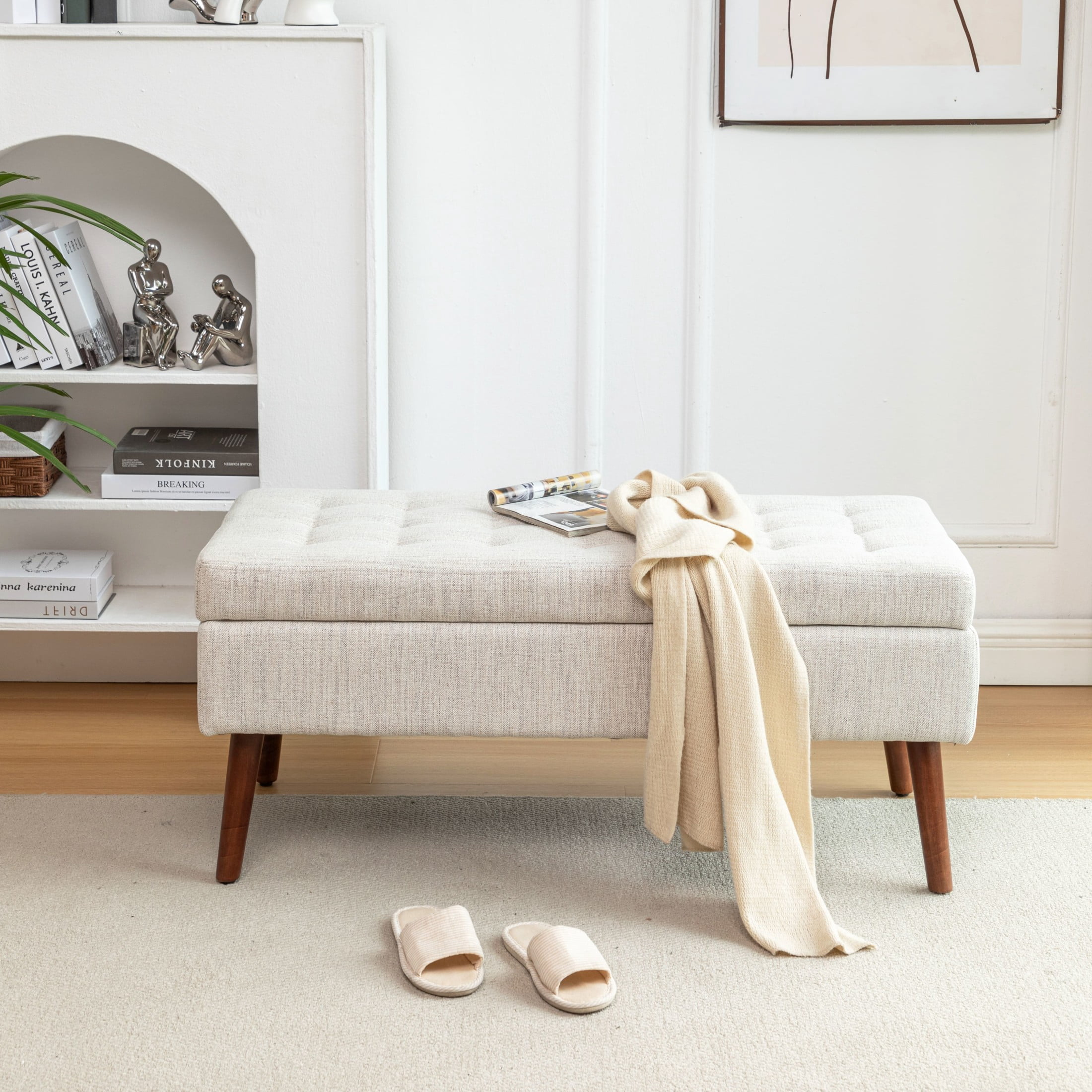 Noble House Alvion Upholstered Linen Tufted Storage Bench, Bedroom Hallway Ottoman Bench with Safety Hinges, Off White