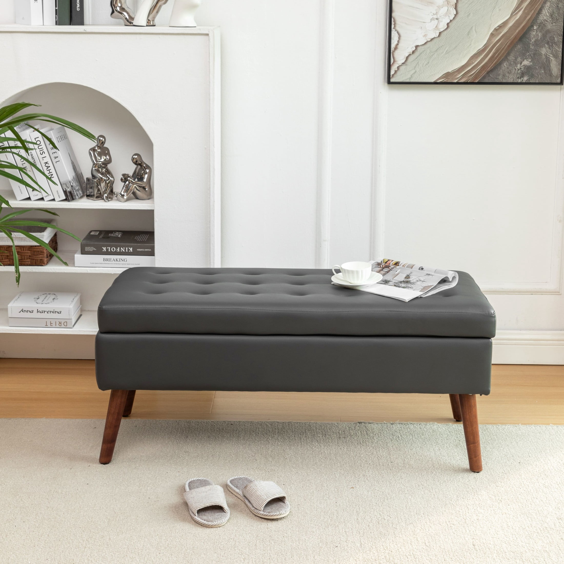 Noble House Alvion Upholstered PU Leather Tufted Storage Bench, Bedroom Hallway Ottoman Bench with Safety Hinges, Dark Gray