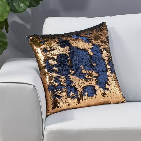 Noble House Amaro 18" Glam Square Reversible Sequin Pillow Cover, Blue and Rose Gold