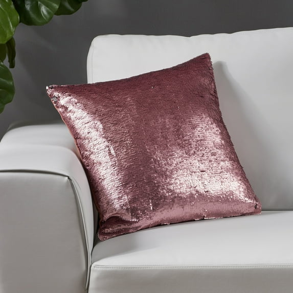 Noble House Amaro 18" Glam Square Reversible Sequin Pillow Cover, Pink and Silver