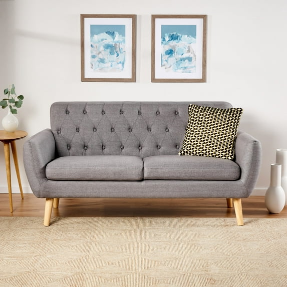 Noble House Amaro Mid Century Modern Tufted Fabric Sofa, Dark Grey