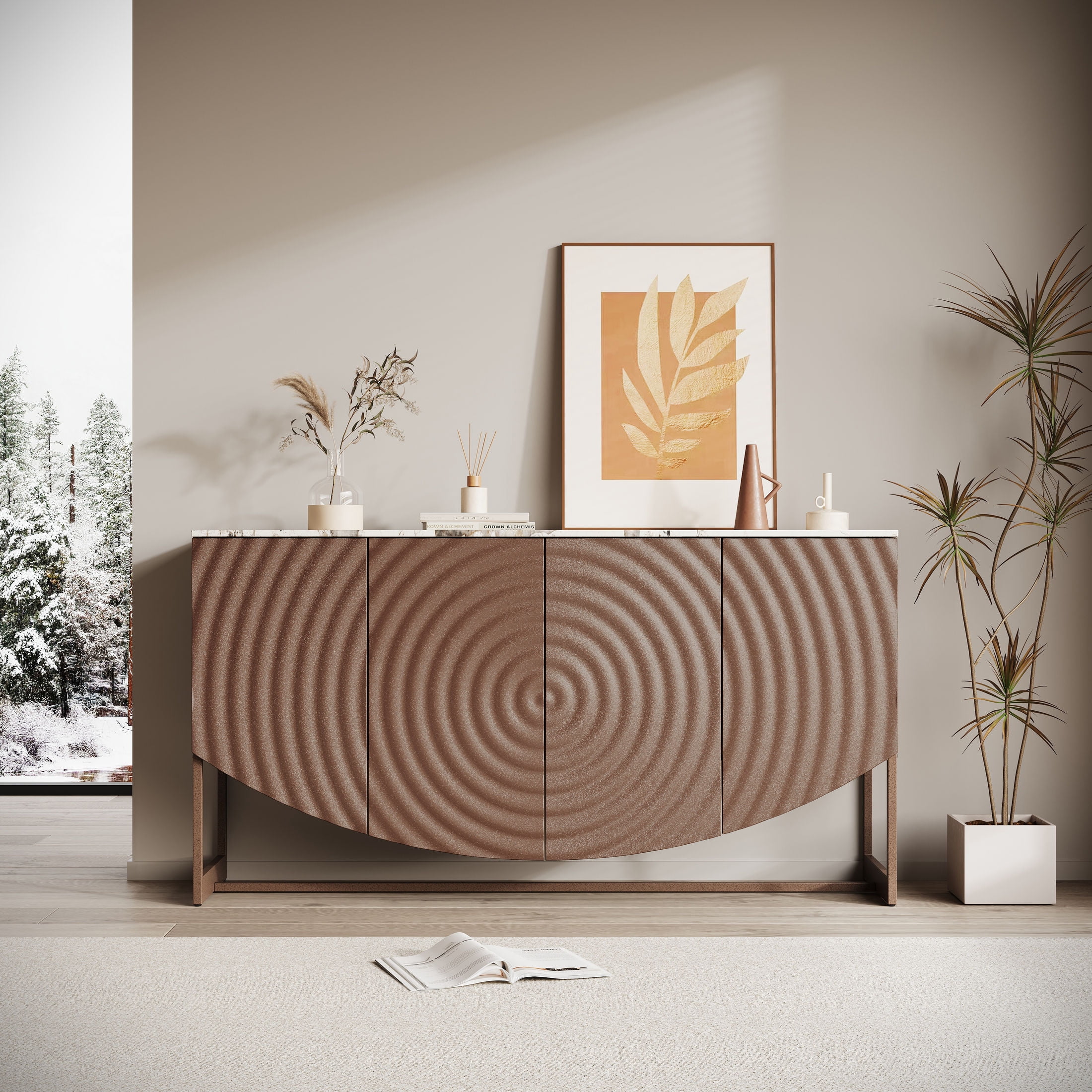 Noble House Amary 62.7" Sideboard Buffet Cabinet with 3D Wave Texture & Faux Marble Top, Antique Brown