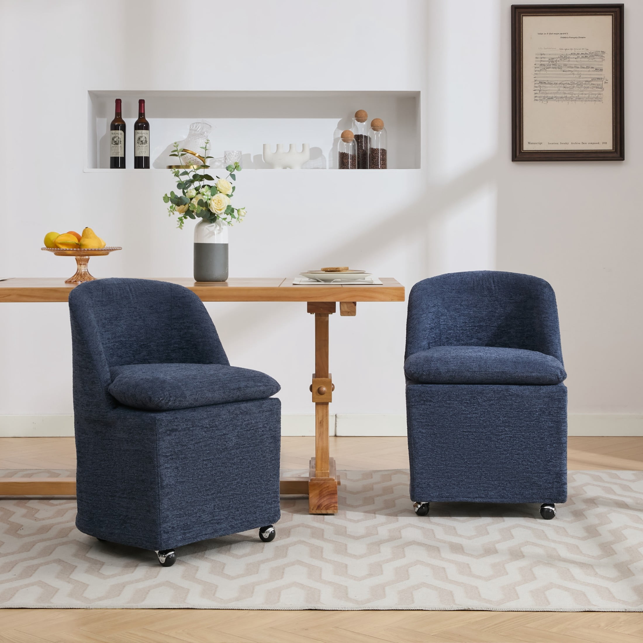 Noble House Amary Chenille Upholstered Dining Chairs with Wheels, 360° Swivel Rolling Chair Set, Blue, Set of 2