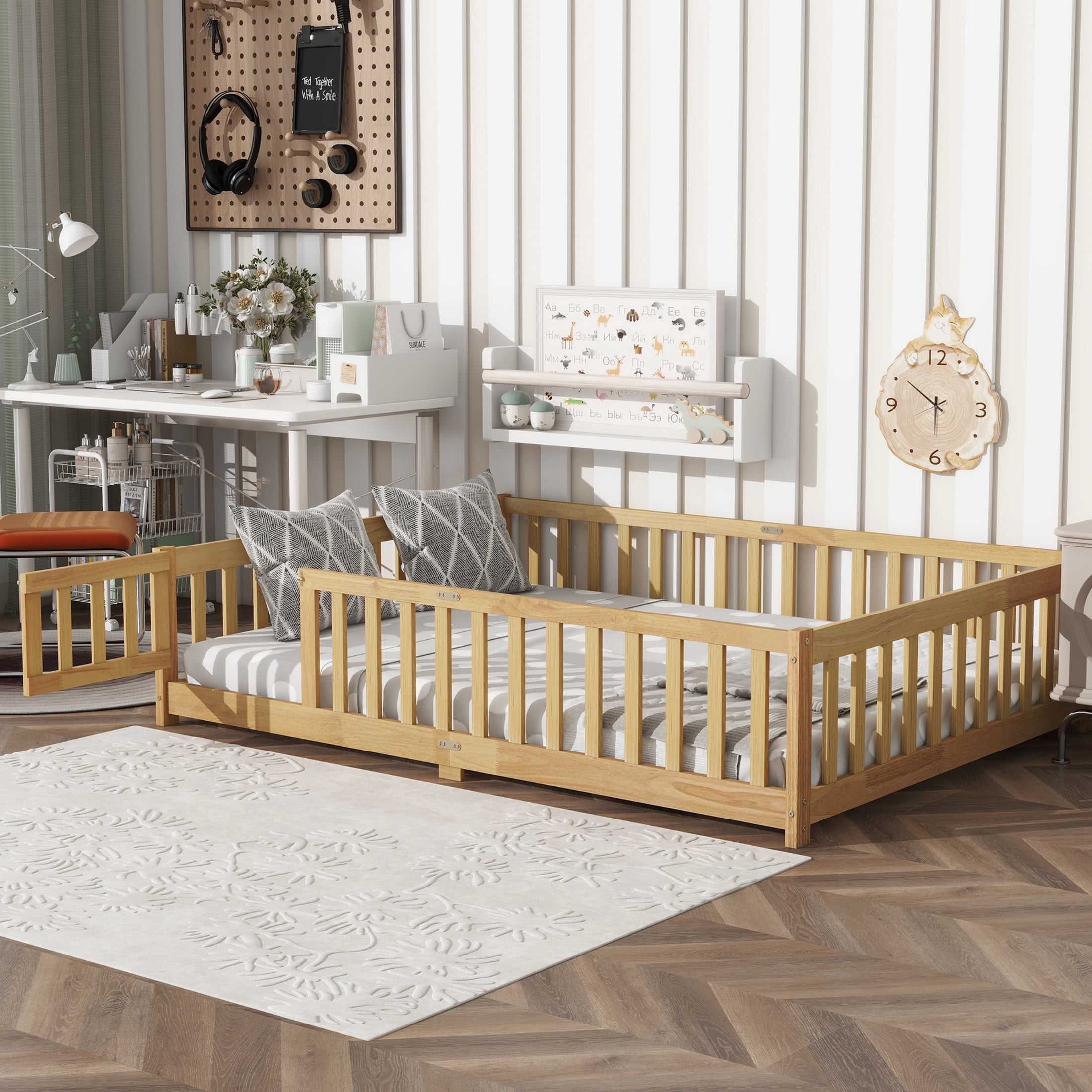 Noble House Amary Full Floor Bed with Safety Fence and Door, Sturdy Rubber Wood Montessori Bed Frame, Natural