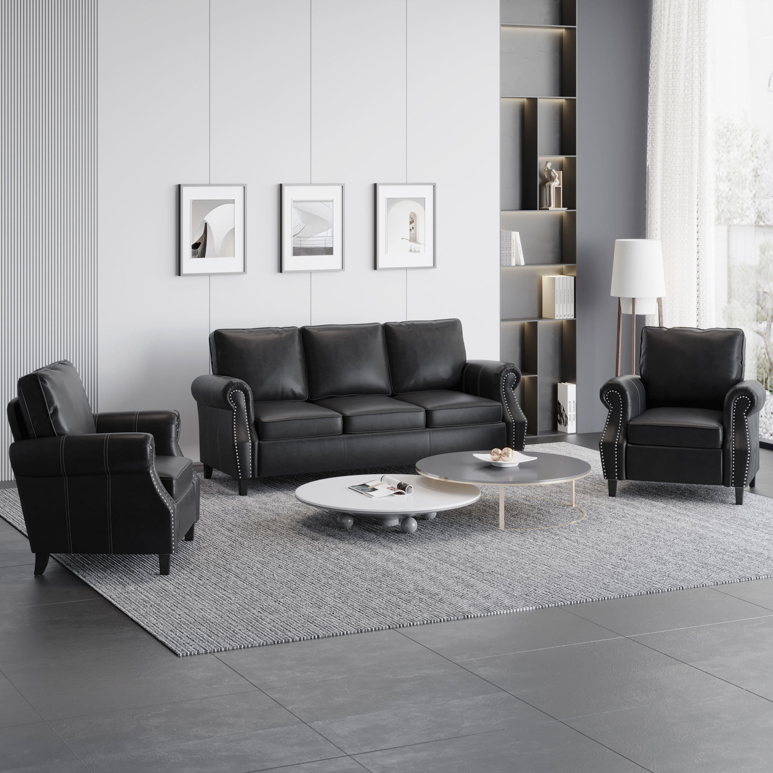 Noble House Amedou Faux Leather 3 Piece Club Chair and Sofa Set, Midnight Black and Dark Brown