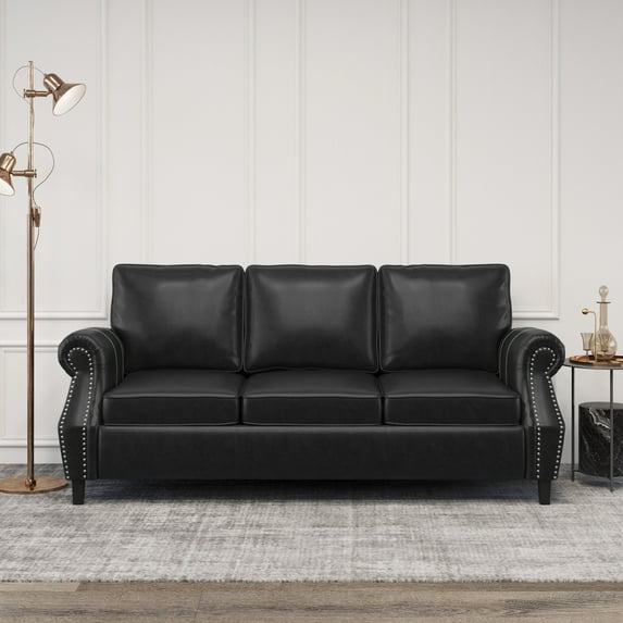 Noble House Amedou Faux Leather 3 Seater Sofa with Nailhead Trim, Midnight Black and Dark Brown