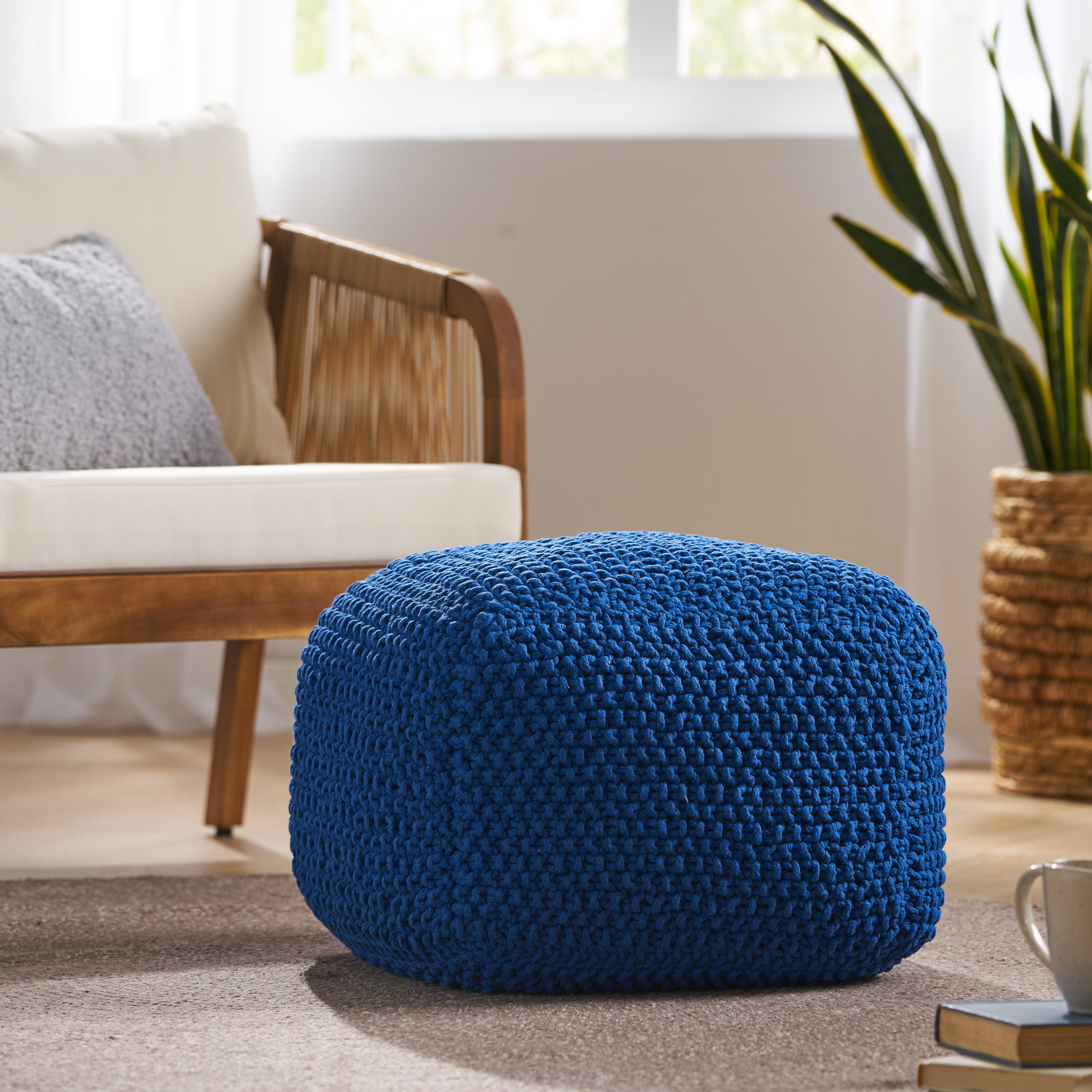 Noble House PIM Navy Blue Knitted Cotton Pouf