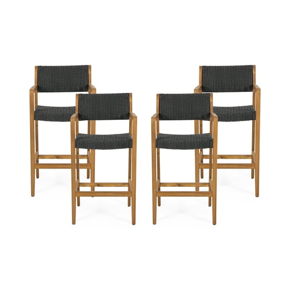 Noble House Angel Outdoor Bar Stool - Teak/Black, 4 Pack