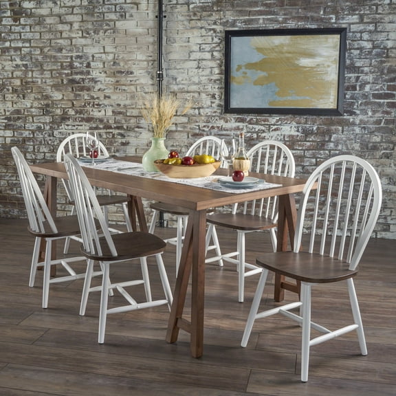 Noble House Annabelle Farmhouse Cottage 7 Piece Faux Wood Dining Set with Finished Rubberwood Chairs,White,Natural