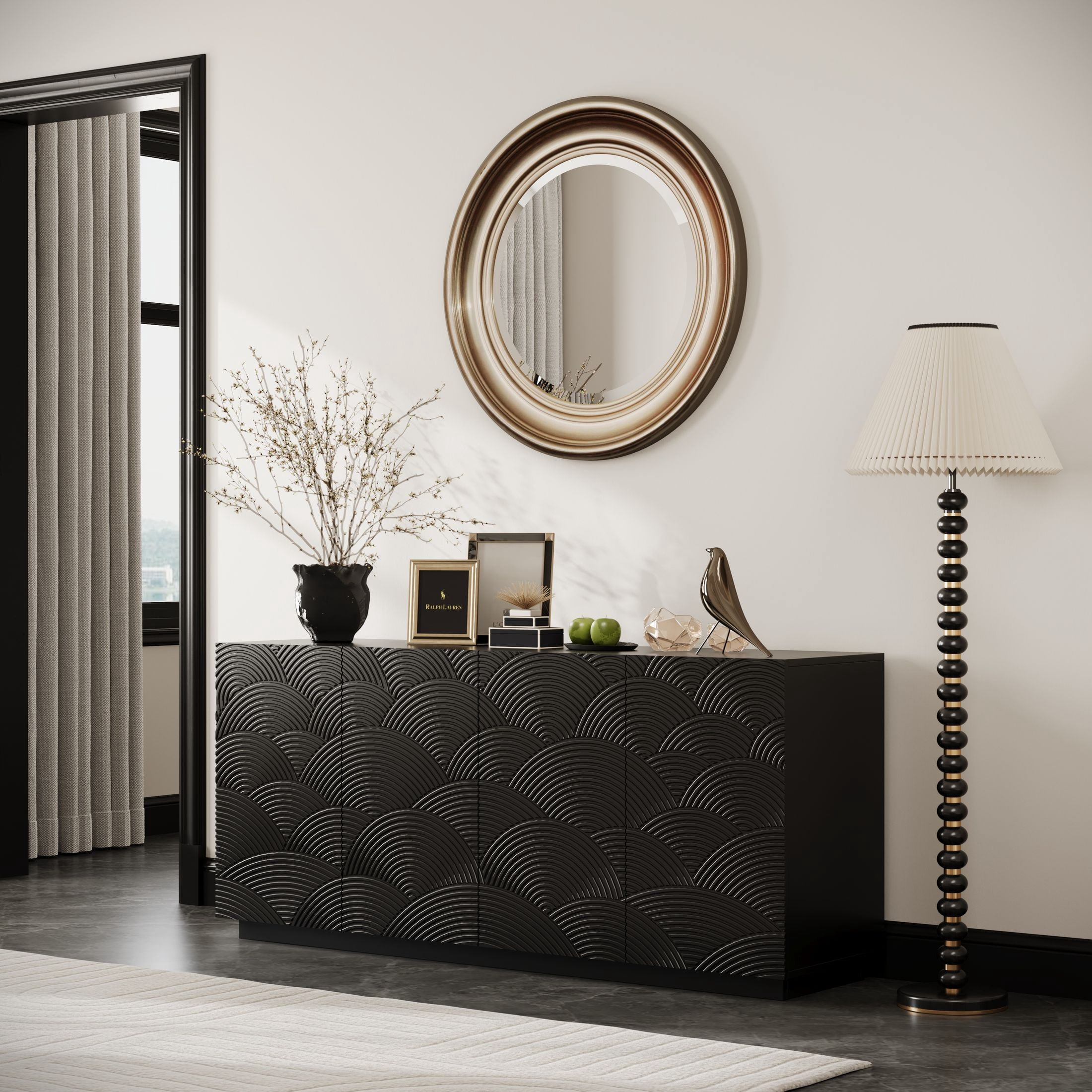 Noble House Ansel 59.8" Modern Accent Storage Sideboard, Water Ripple Pattern Buffet Cabinet for Kitchen, Black