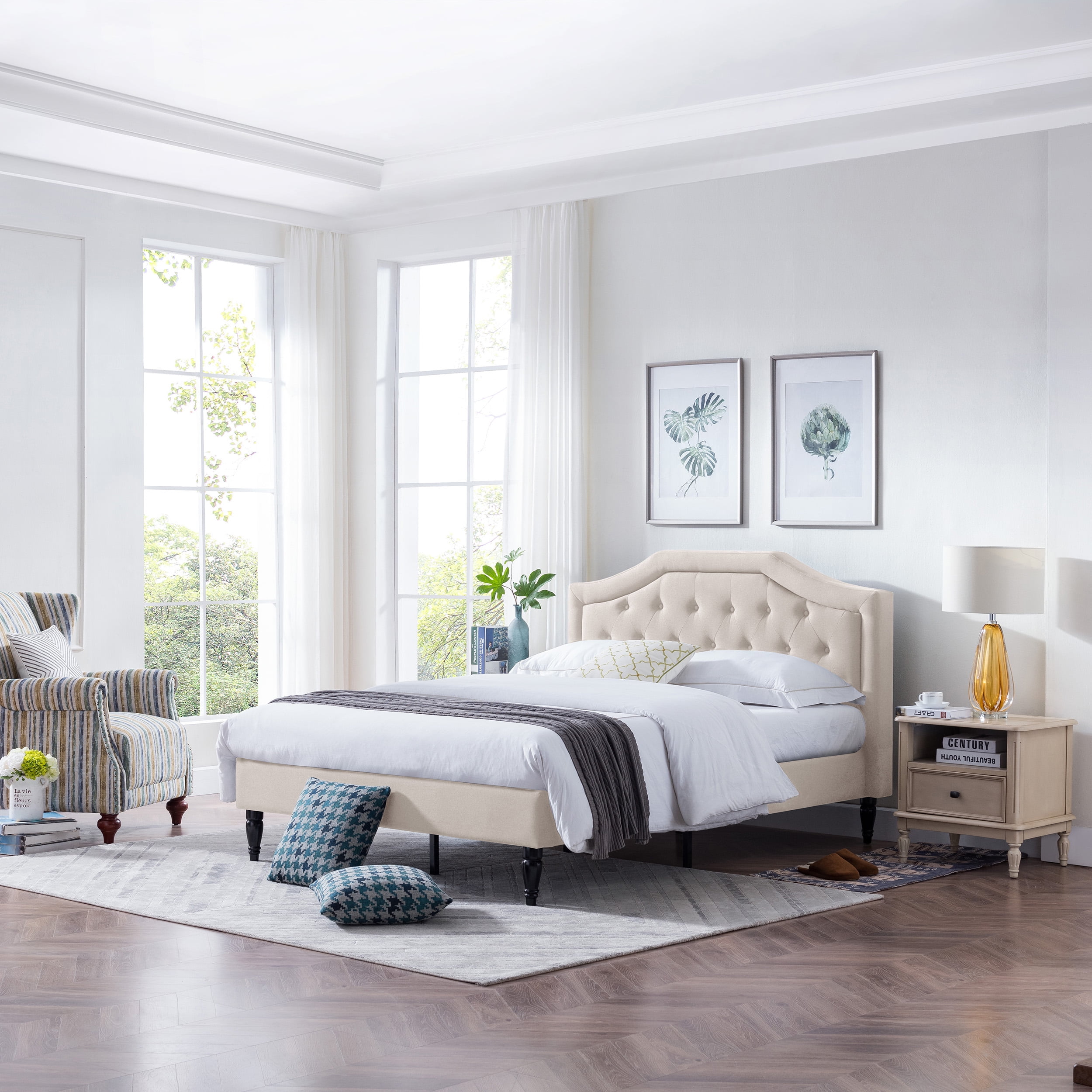 Noble House Ansley Contemporary Fabric Upholstered Queen Sized Bed Set, Beige
