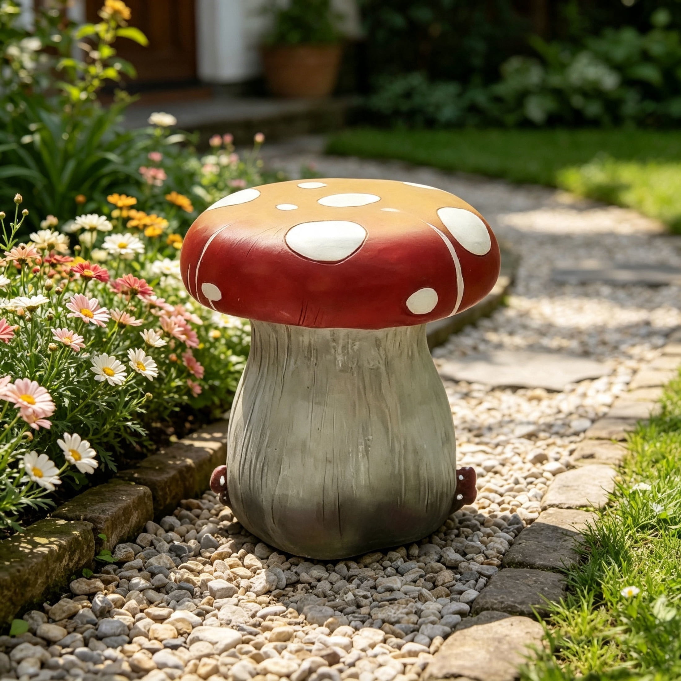 Noble House Antique Mushroom Stool, Cute Fairy Decorative Statue, Outdoor Creative Figurine Seat for Patio, Garden, Red