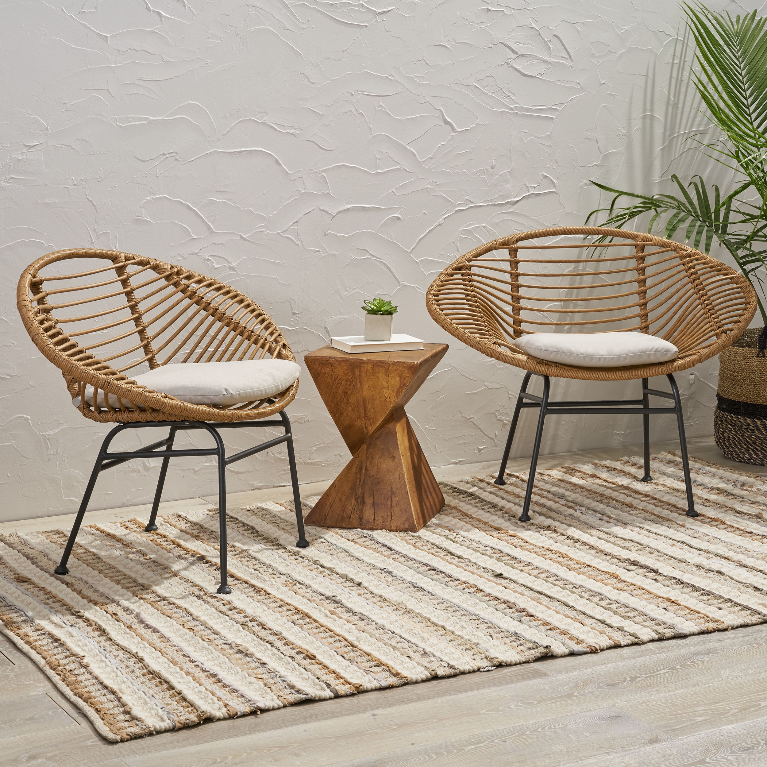 Noble House Anton Outdoor Woven Wicker Chairs with Cushions, Set of 2, Light Brown, Beige Finish - image 1 of 10