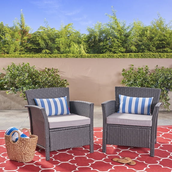 Noble House Anton Traditional Wicker Solid Print Club Chairs with Cushions, Gray / Silver Set of 2