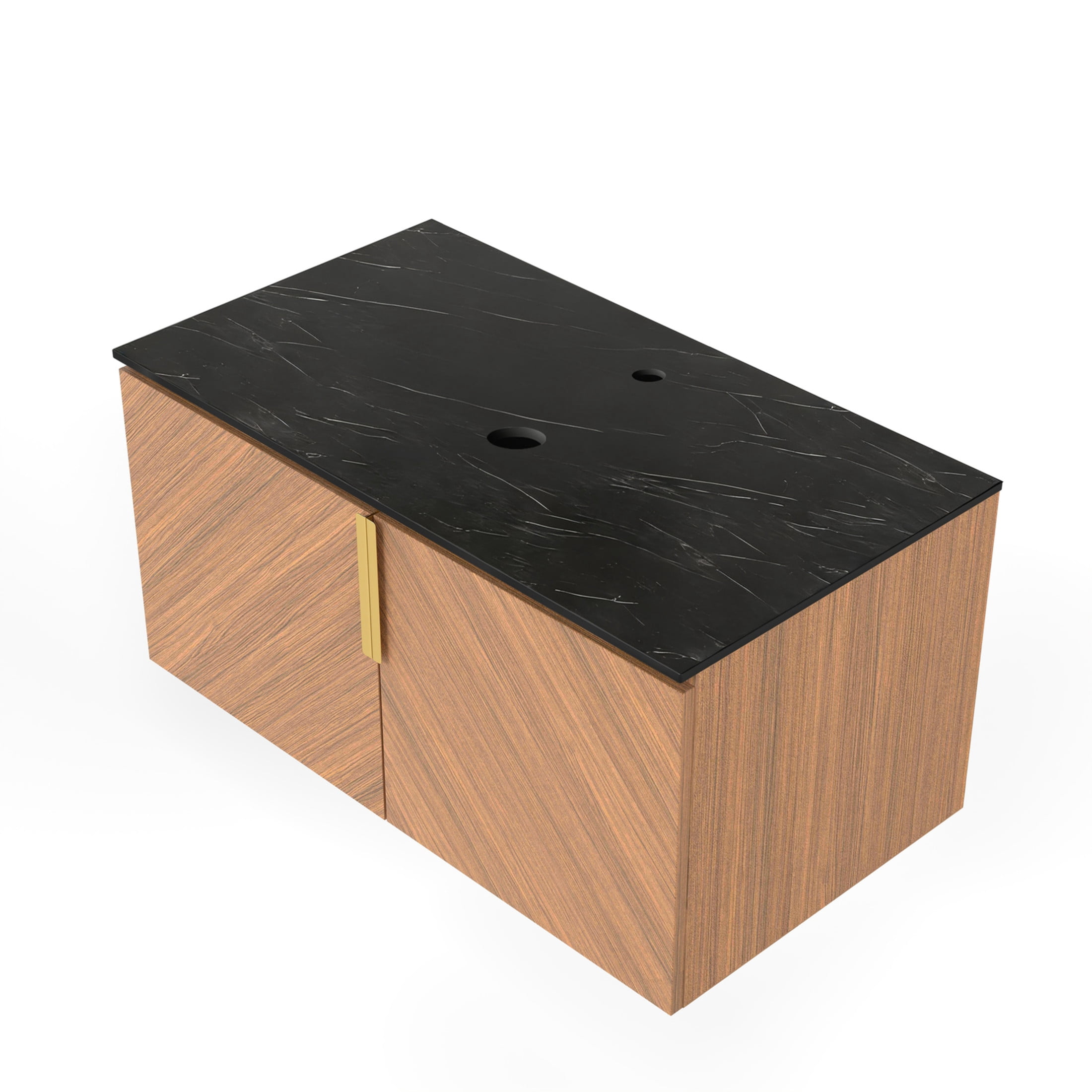 Noble House Arai 36" Bathroom Vanity with Sintered Stone Countertop, Wooden Storage Cabinet, Gold Handles, Brown Oak