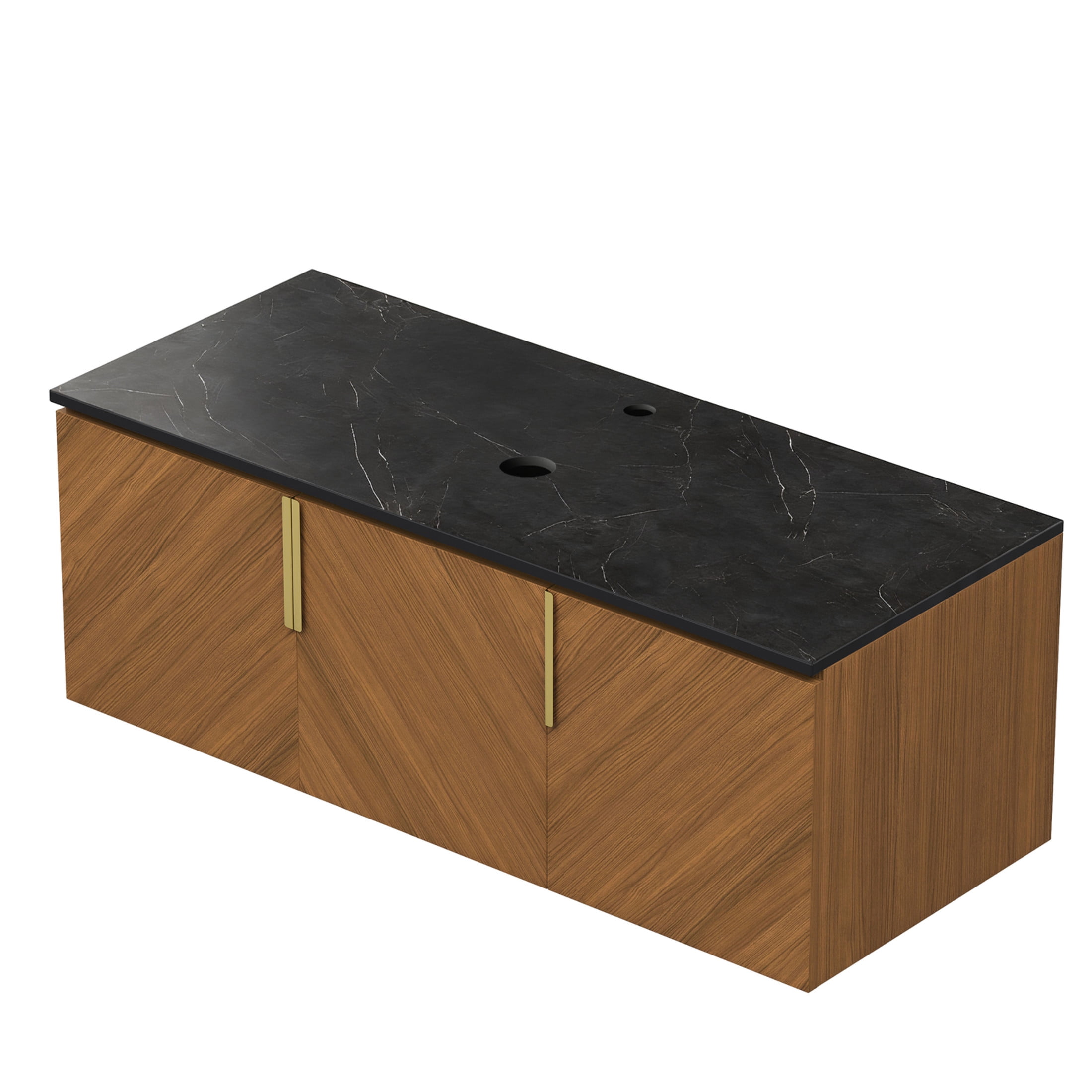 Noble House Arai 48" Bathroom Vanity with Sintered Stone Countertop, Wooden Storage Cabinet, Gold Handles, Brown Oak