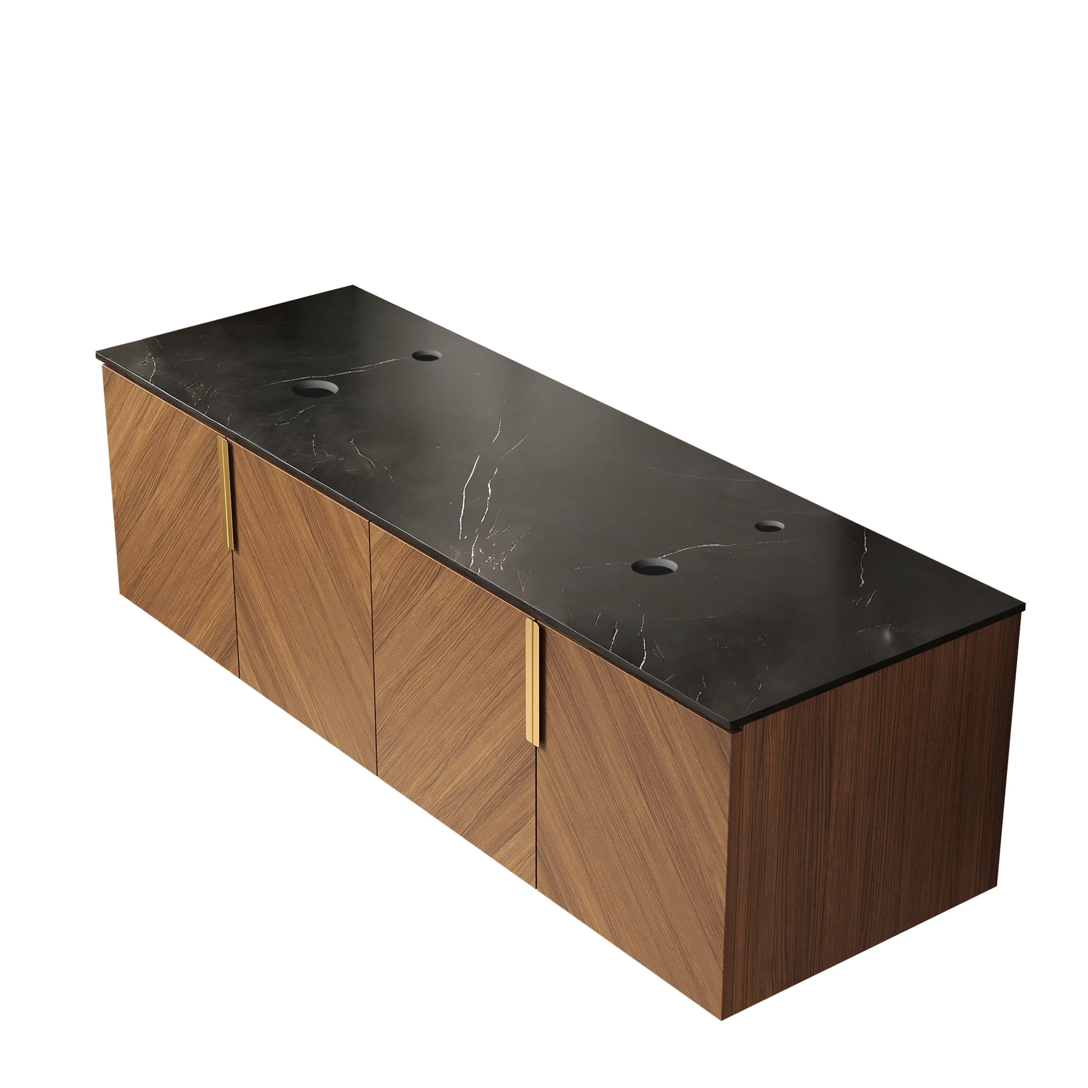 Noble House Arai 60" Bathroom Vanity with Sintered Stone Countertop, Wooden Storage Cabinet, Gold Handles, Brown Oak