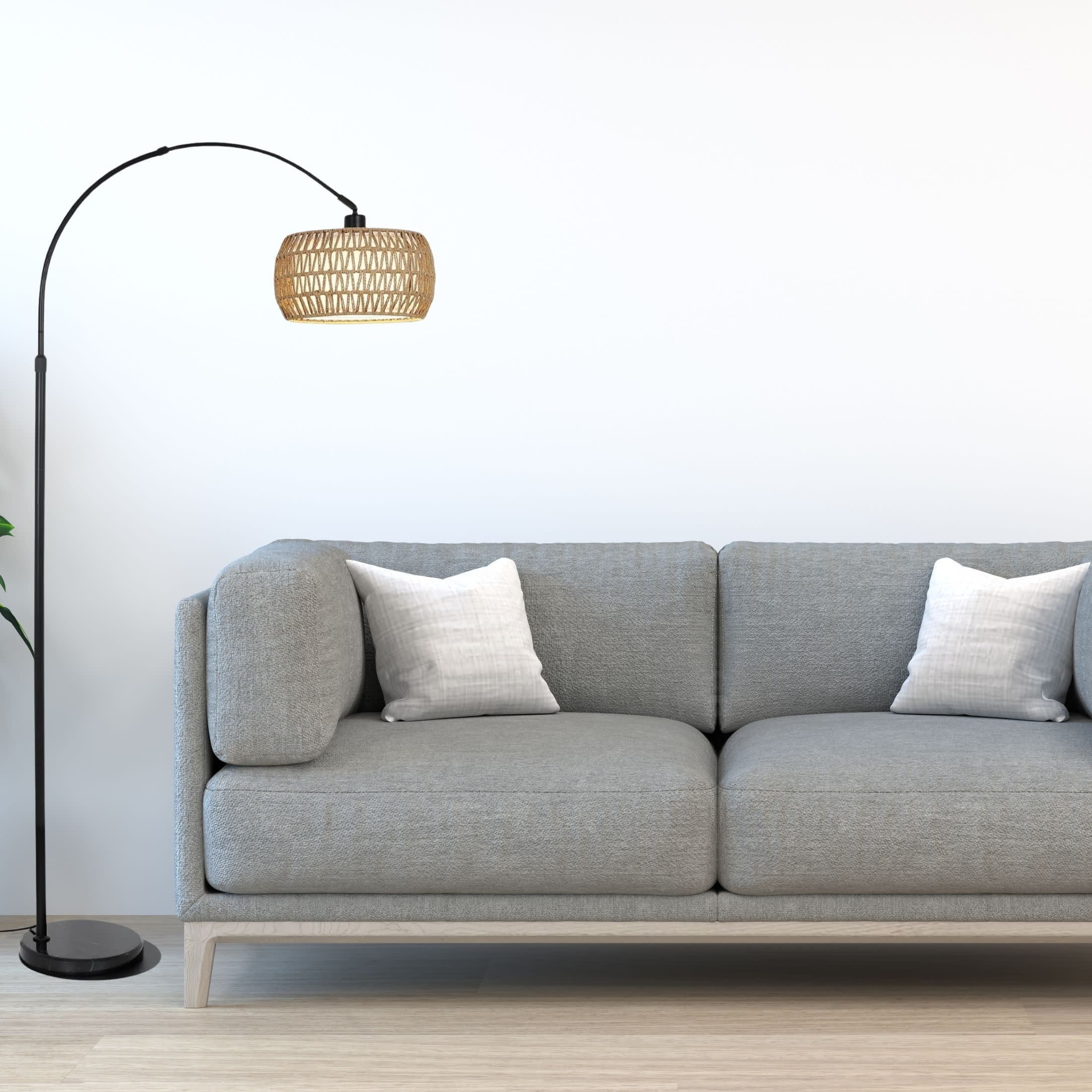 Noble House Arc Floor Lamp with Rattan and Fabric Shades,  Dimmable LED Bulb & Remote, Farmhouse Tall Lamp, Black