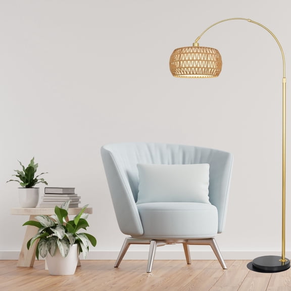 Noble House Arc LED Floor Lamp with Remote, Boho Rattan Shade Height Adjustable Over Couch Reading Light, Gold