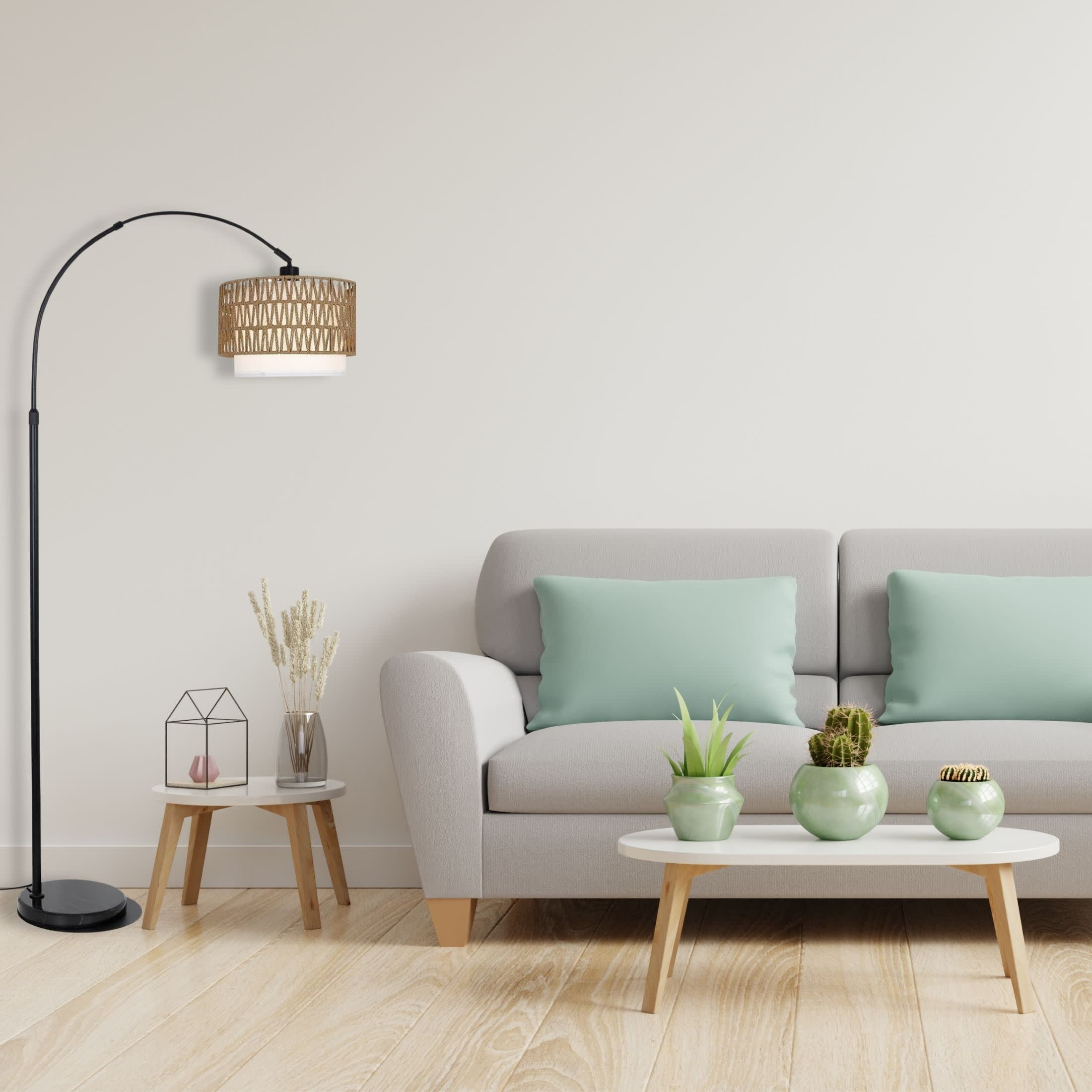 Noble House Arc LED Floor Lamp with Remote, Height Adjustable Boho Rattan with Fabric Shade Standing Lamp, Black