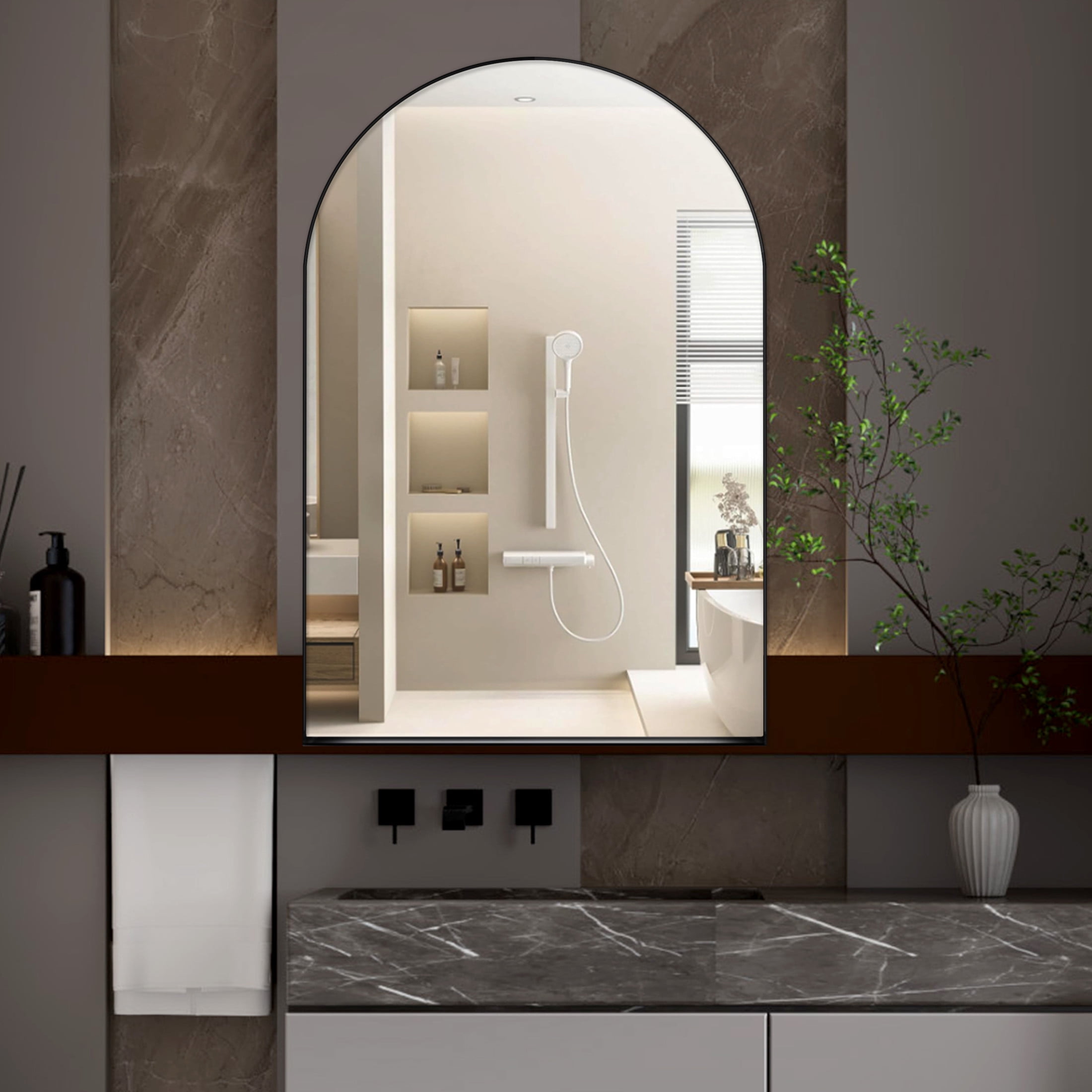 Noble House Arched Medicine Cabinet with Mirror, Recessed or Surface Mount, Adjustable Shelves, Matte Black