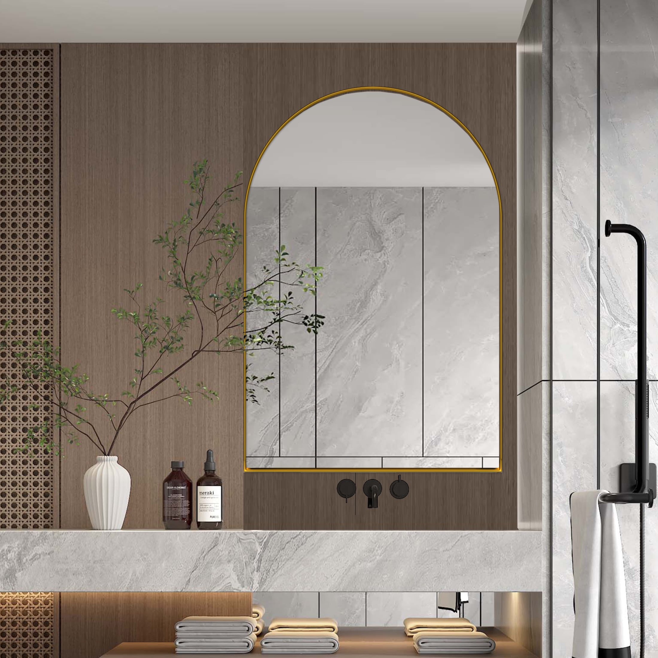 Noble House Arched Medicine Cabinet with Mirror, Recessed or Surface Mount, Adjustable Shelves, Matte Gold