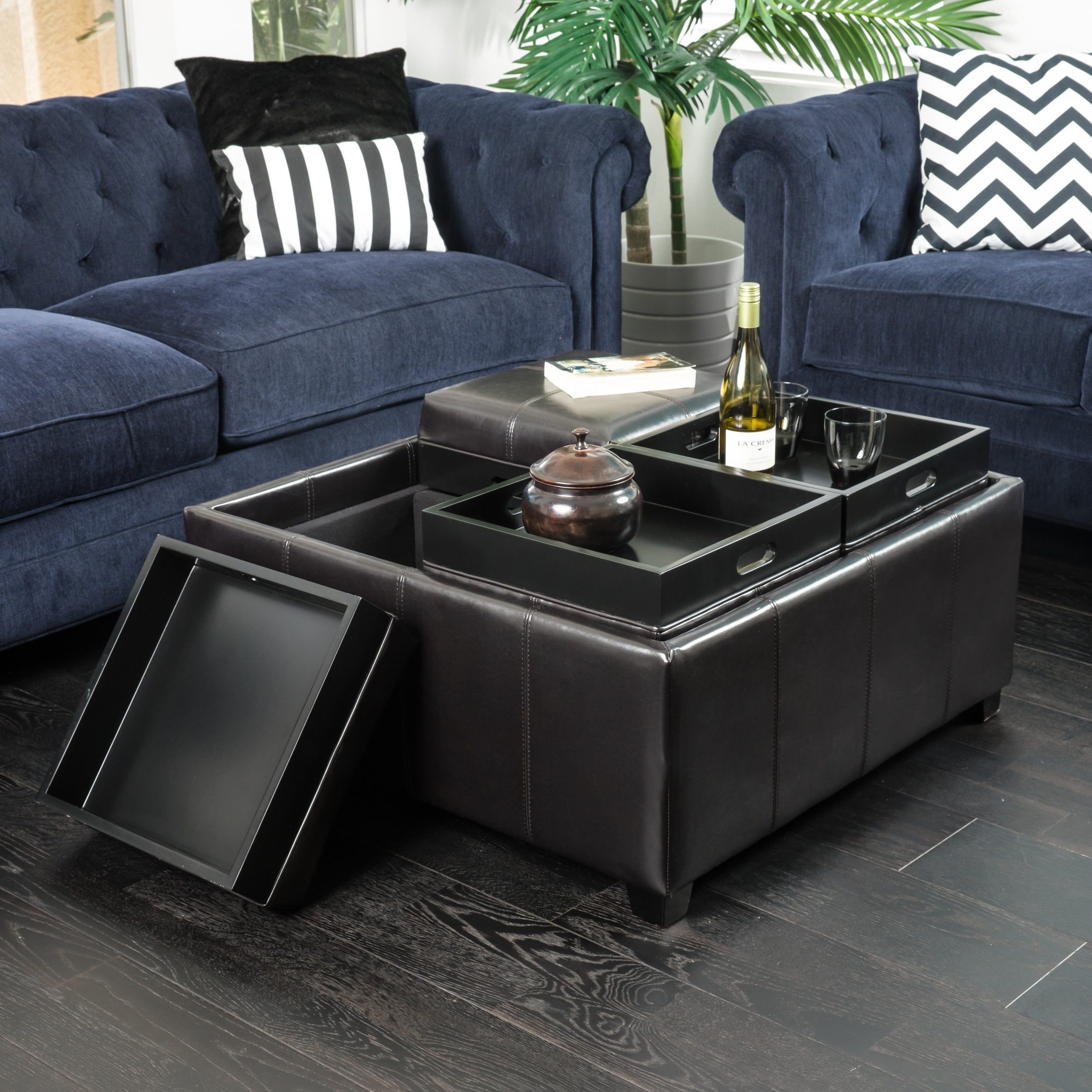 Noble House Arden Brown Bonded Leather 4-Tray Storage Ottoman