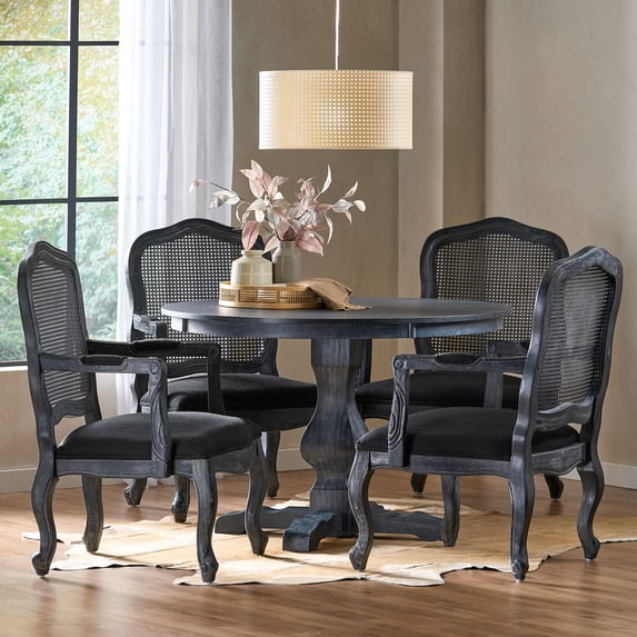 Noble House Ardene Fabric Upholstered Wood and Cane 5 Piece Circular Dining Set, Gray and Black