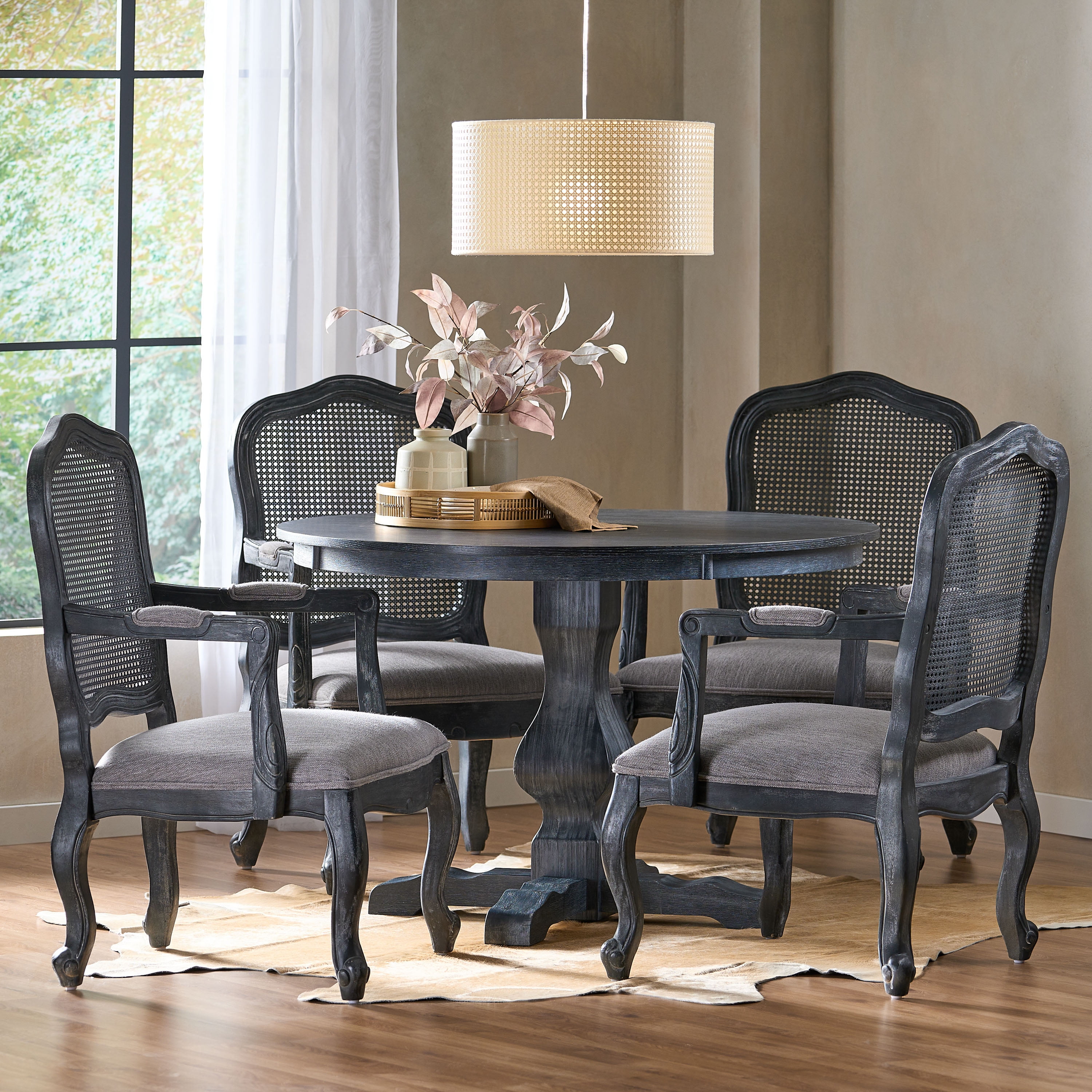 Noble House Ardene Fabric Upholstered Wood and Cane 5 Piece Circular Dining  Set, Gray and Black 