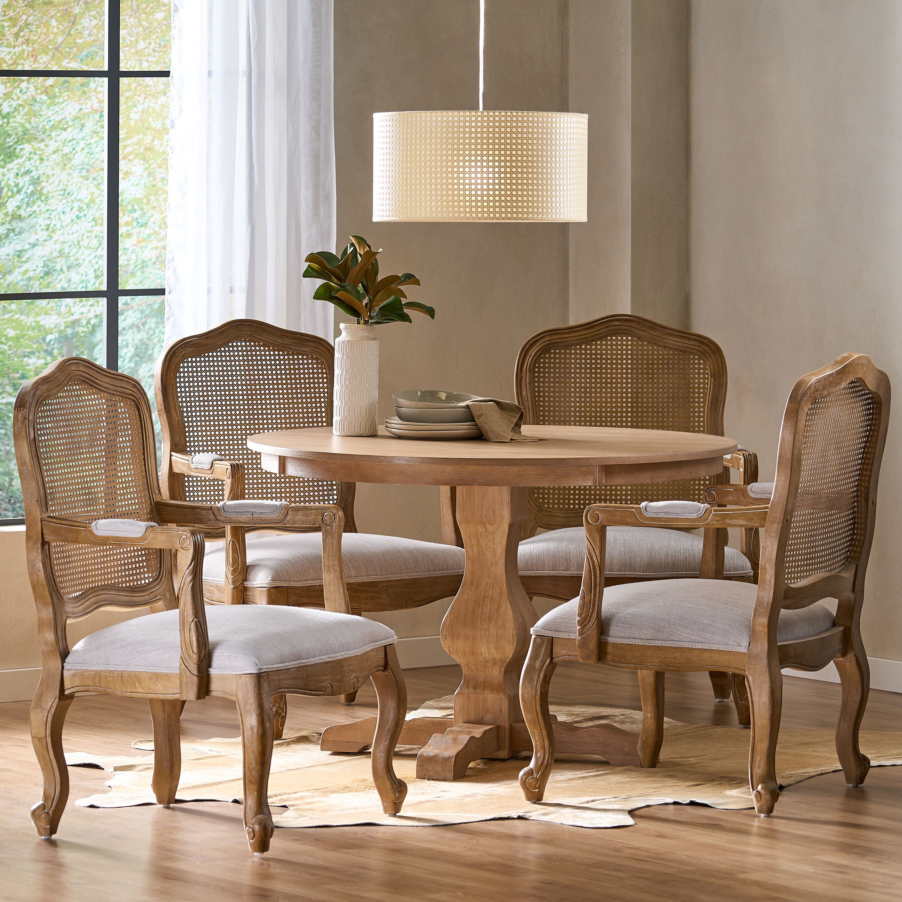 Noble House Ardene Fabric Upholstered Wood and Cane 5 Piece Circular Dining Set, Natural and Light Gray