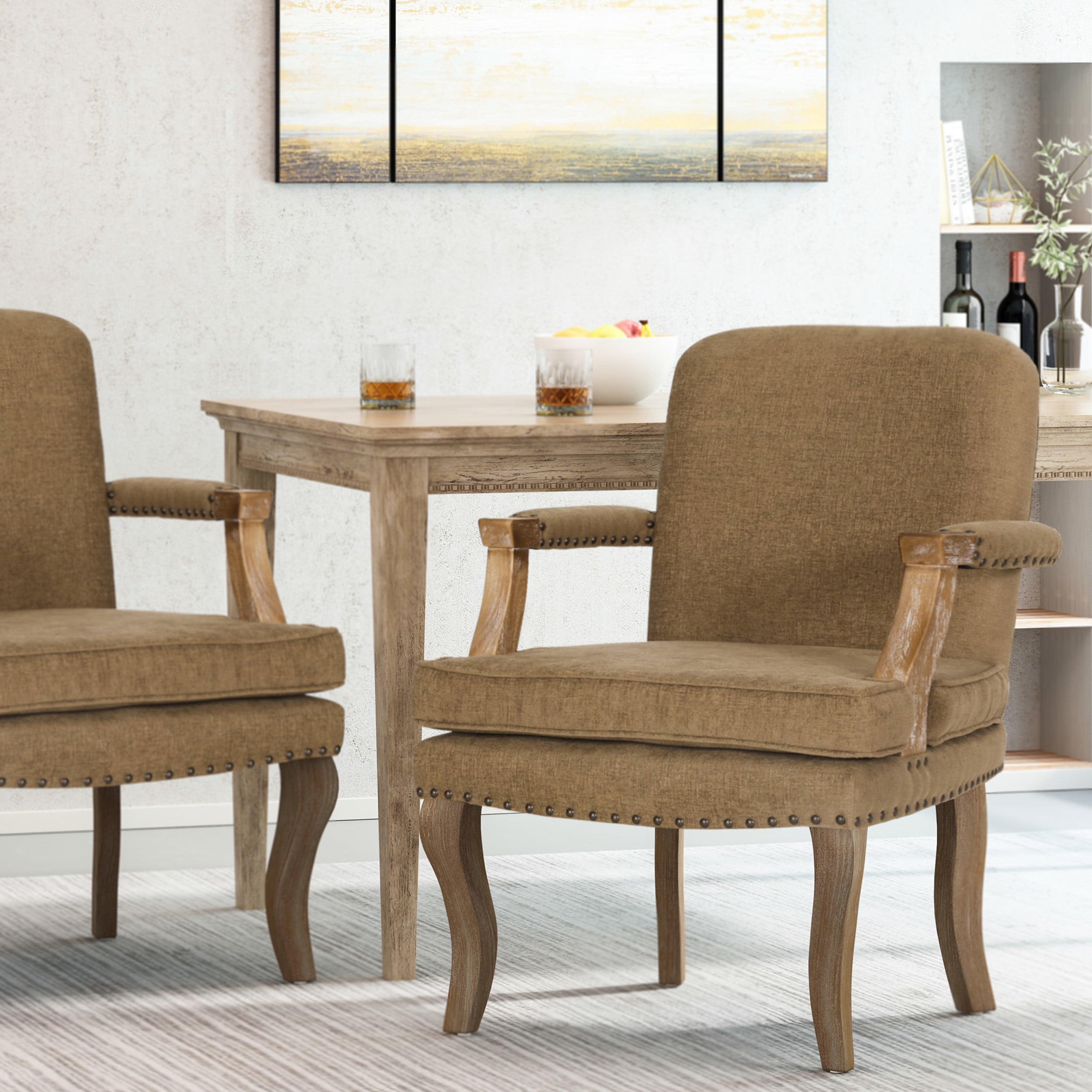 Noble House Ardson Fabric and Wood Dining Arm Chair with Nailhead Trim, Dark Beige and Natural Brown