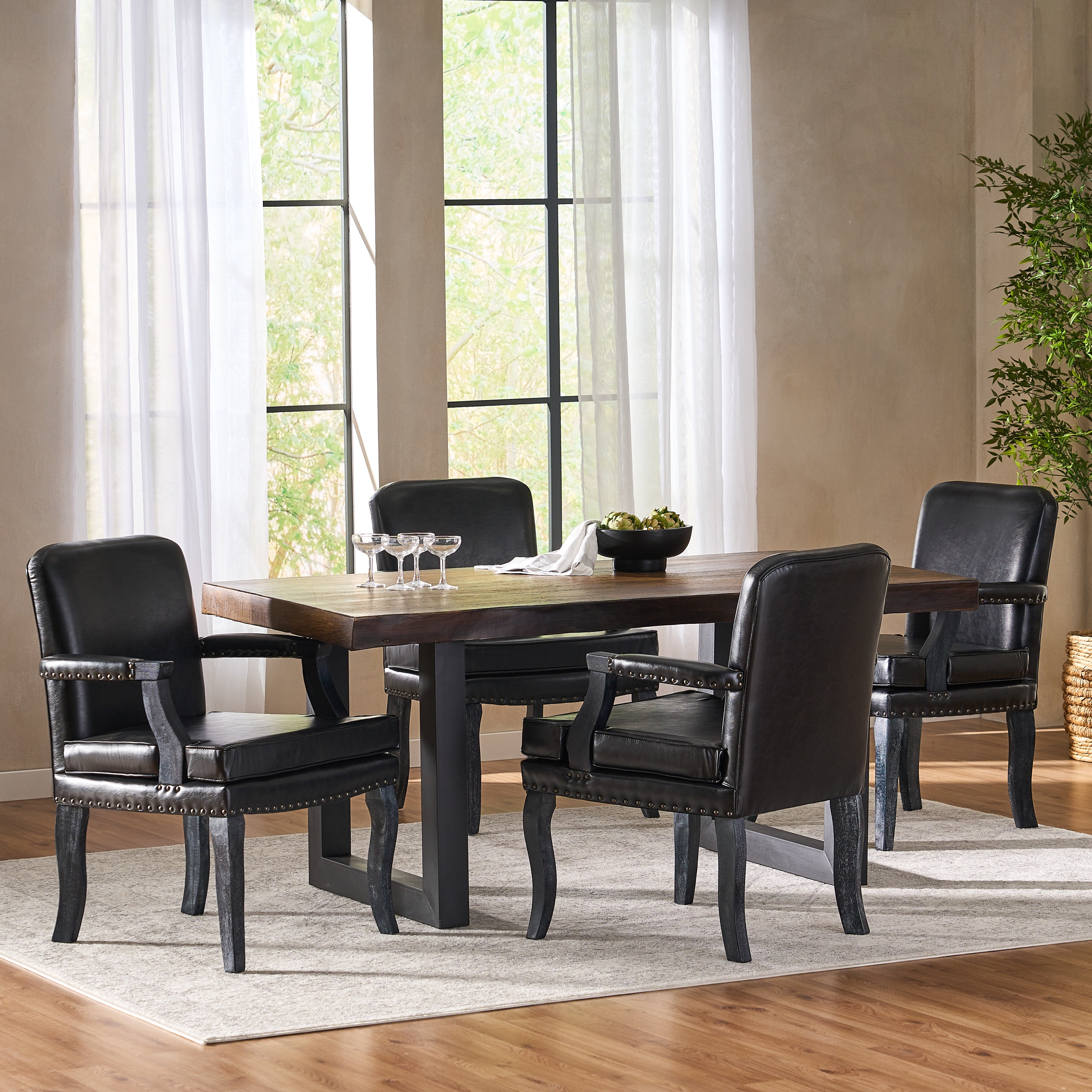 Noble House Ardson Faux Leather Dining Arm Chair, Set of 4, Midnight Black and Gray