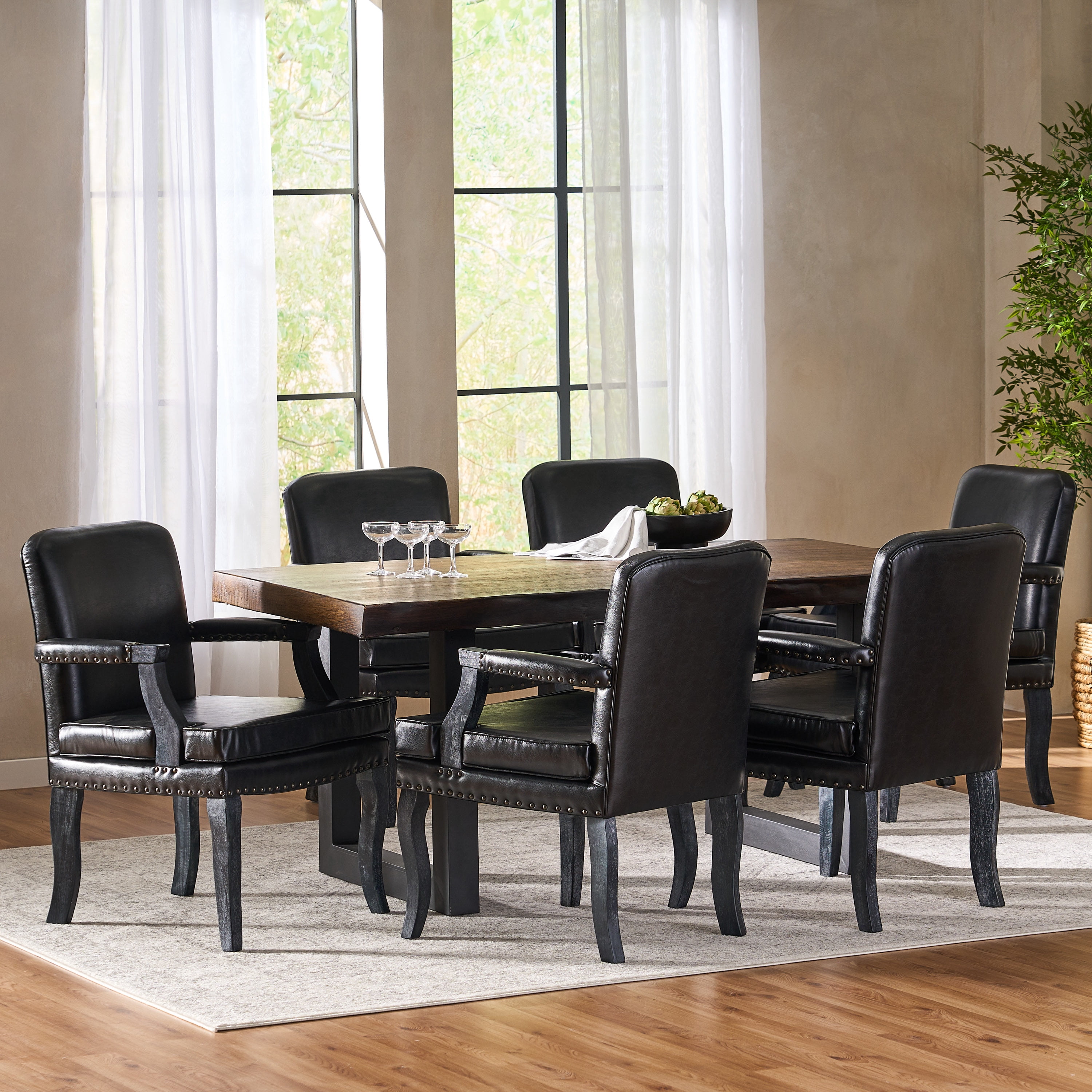 Noble House Ardson Faux Leather Dining Arm Chair, Set of 6, Midnight ...
