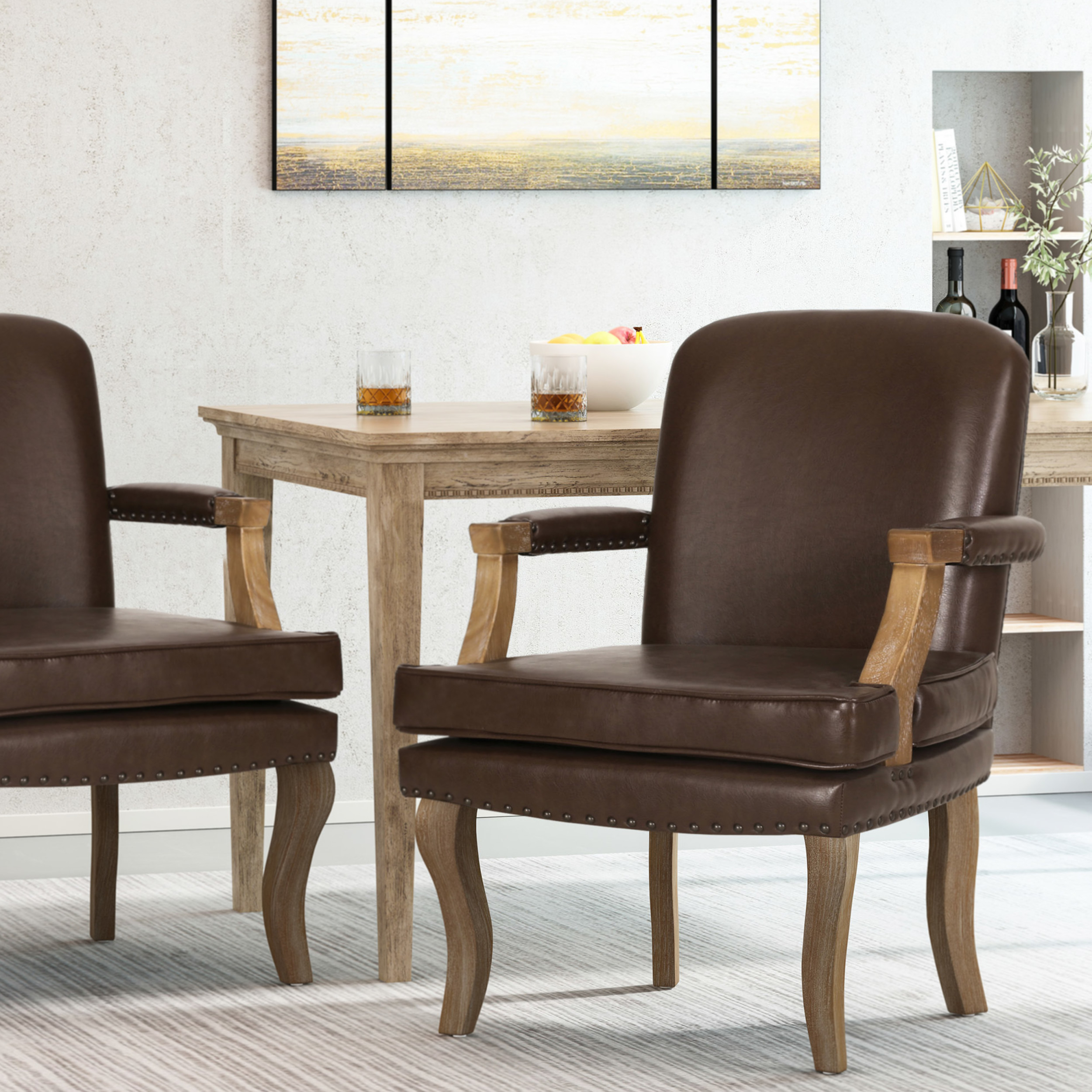 Noble House Ardson Faux Leather and Wood Dining Arm Chair with Nailhead Trim, Dark Brown and Natural Brown