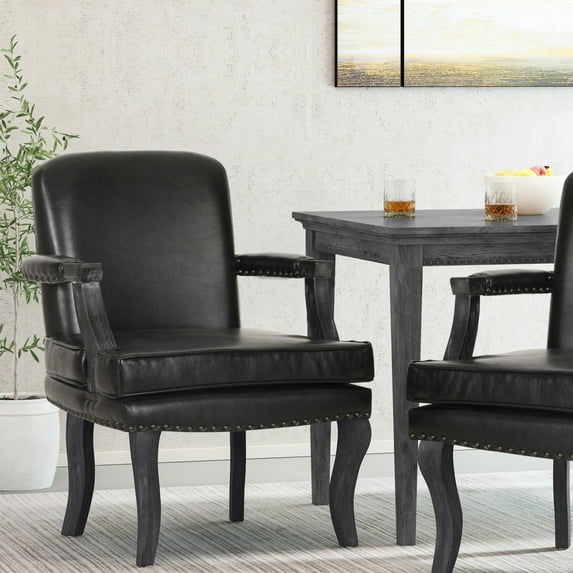 Noble House Ardson Faux Leather and Wood Dining Arm Chair with Nailhead Trim, Midnight Black and Gray