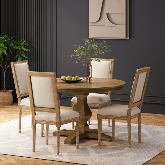 Noble House Ardyce Fabric Upholstered Wood 5 Piece Circular Dining Set, Natural and Beige