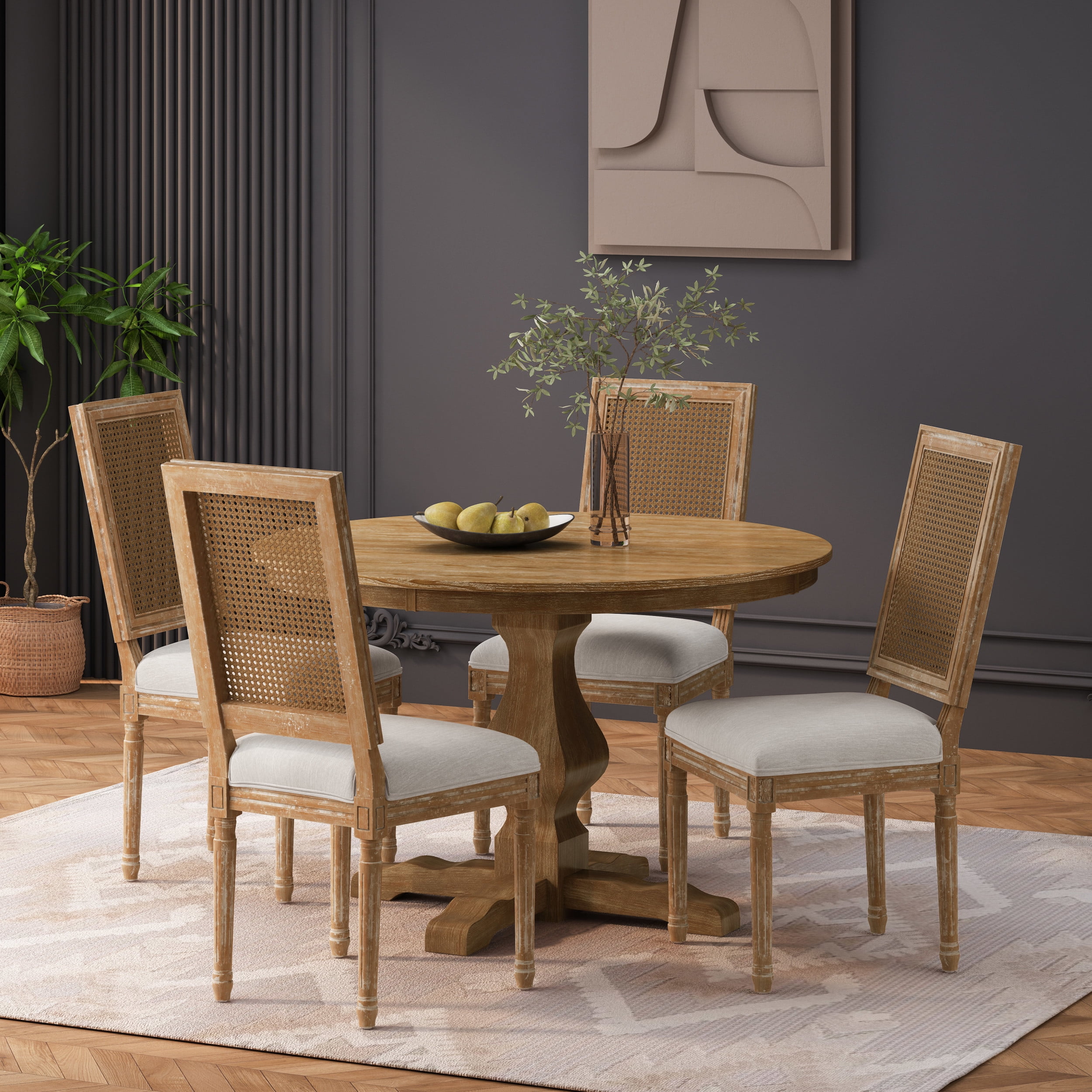 Noble House Ardyce Indoor Fabric, Wood and Cane 5 Piece Round Dining Set, Natural and Light Gray
