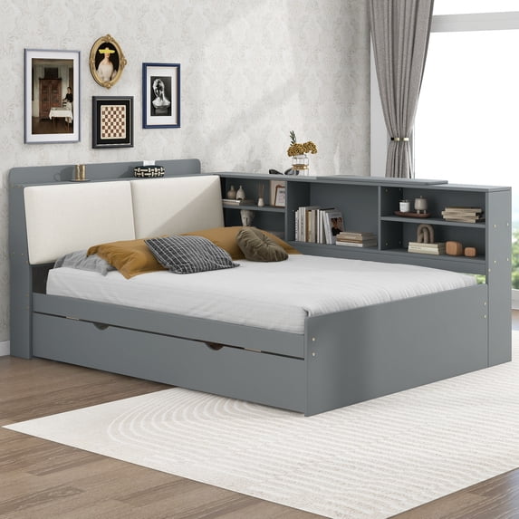 Noble House Arford Full Size Platform Bed with Trundle and Upholstered Storage Headboard, Solid Pine Wood, Gray